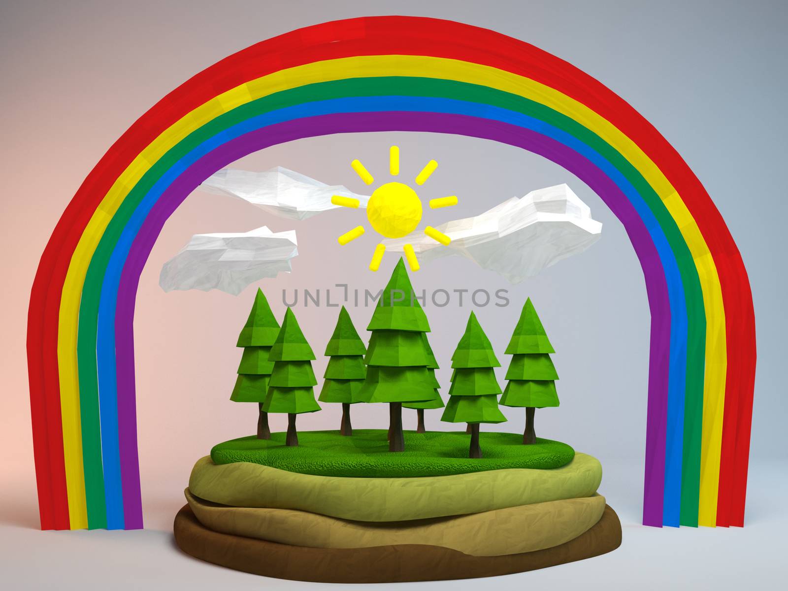 Small forest paper style with a sun, rainbow, clouds trees and rocks