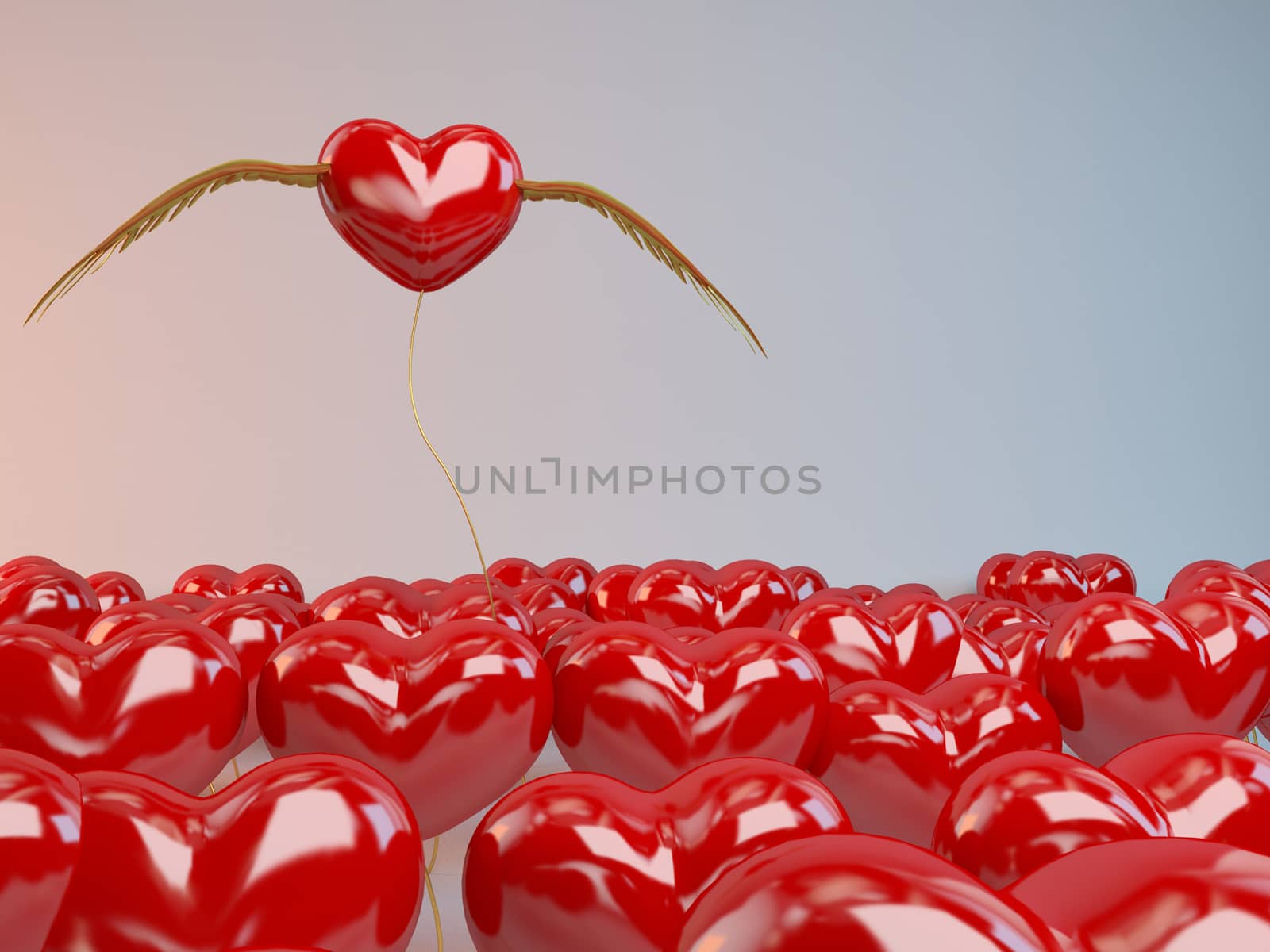 3d Flying Hearts with golden wings
