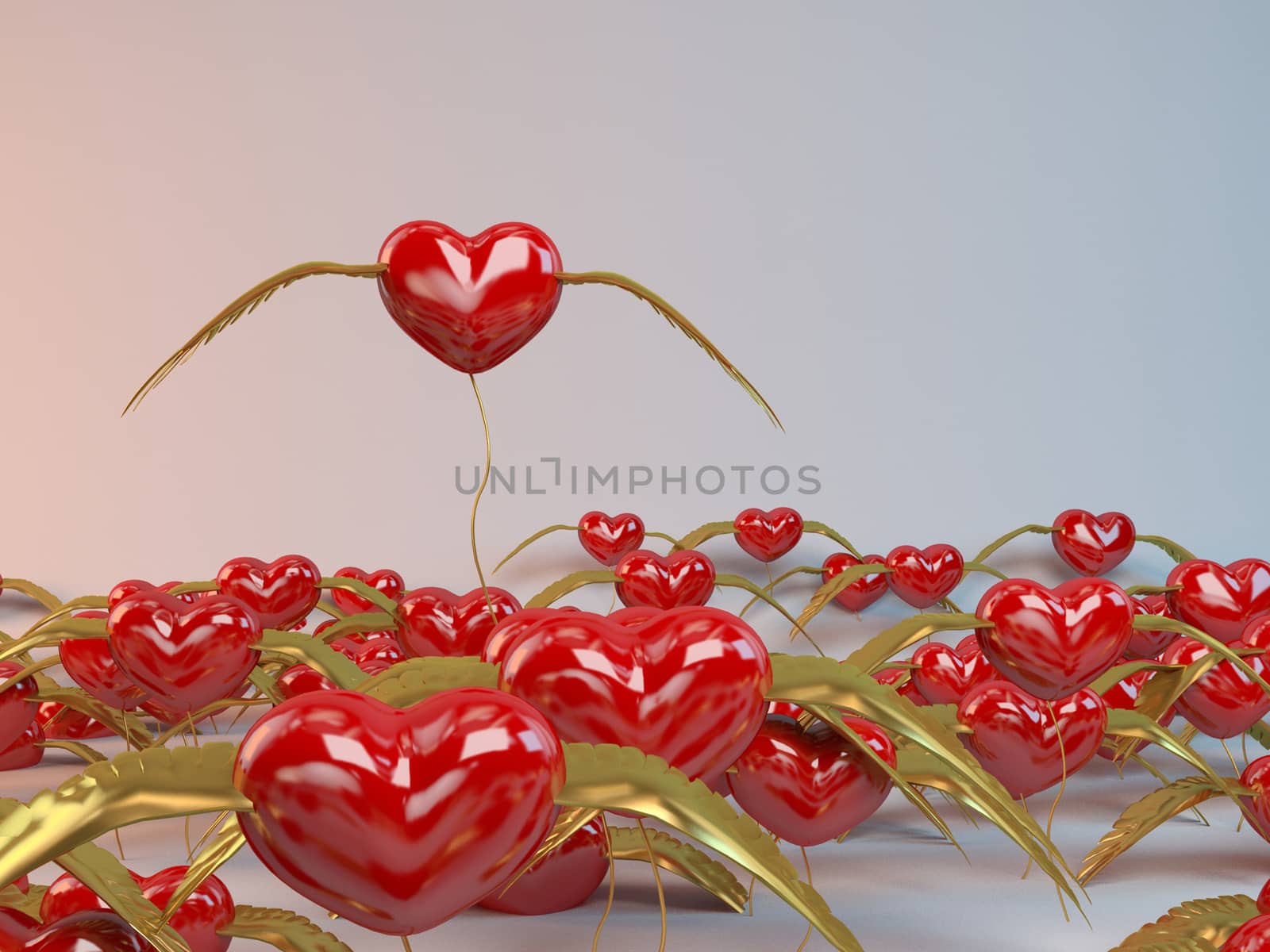 3d Flying Hearts with golden wings