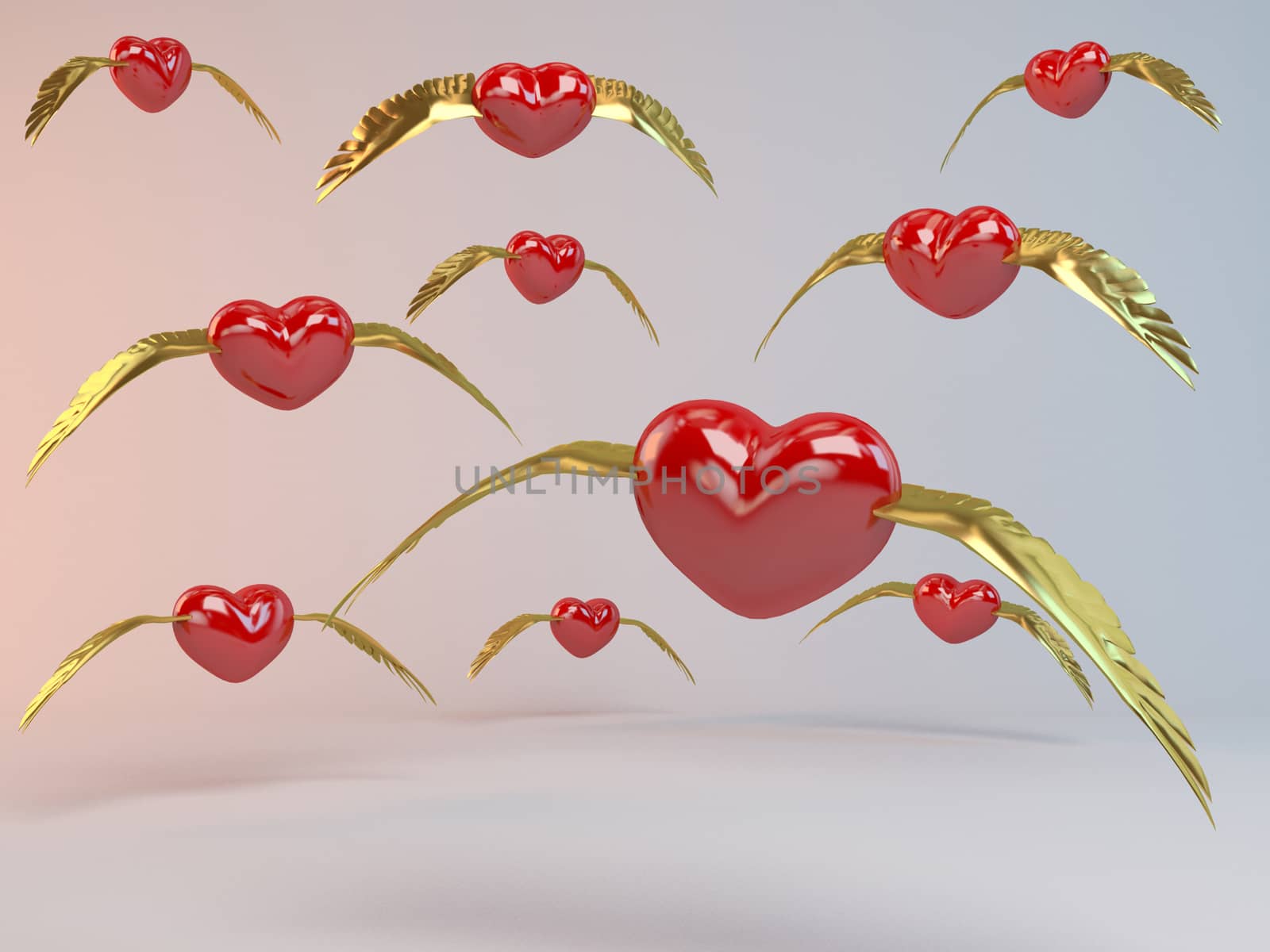 3d Flying Hearts with golden wings
