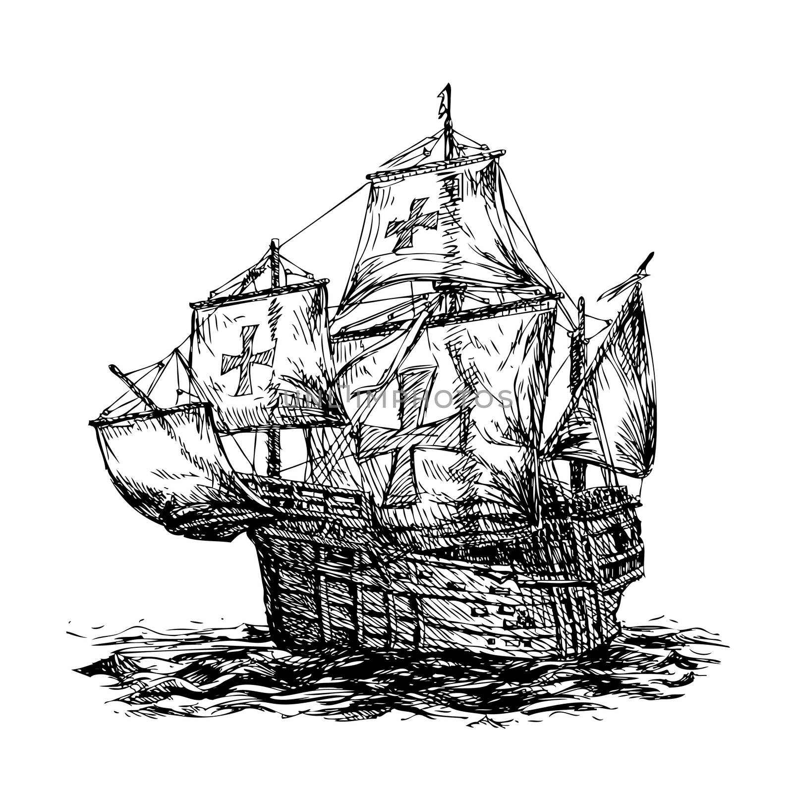 columbus ship hand drawn on white background