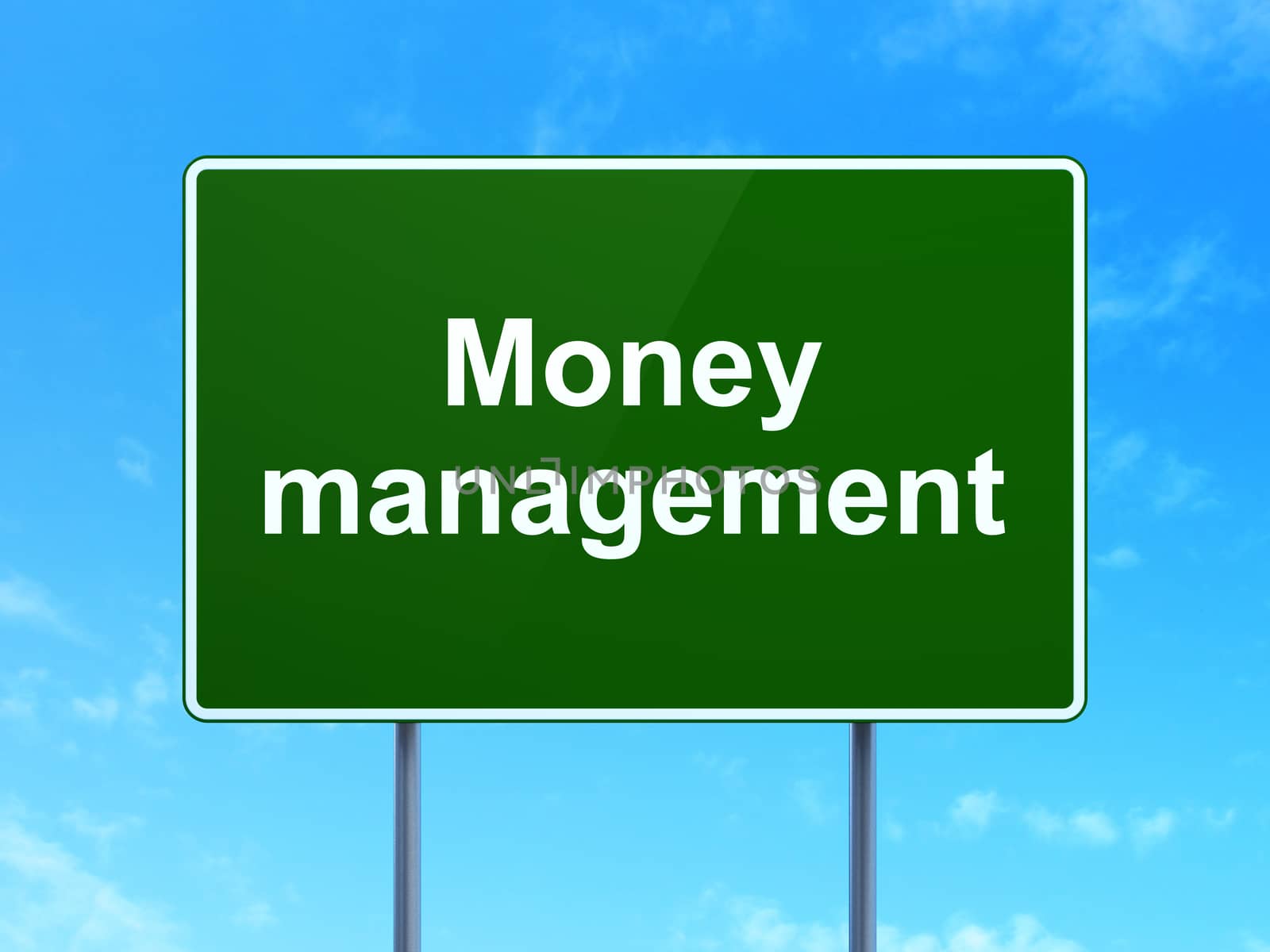 Banking concept: Money Management on green road highway sign, clear blue sky background, 3d render
