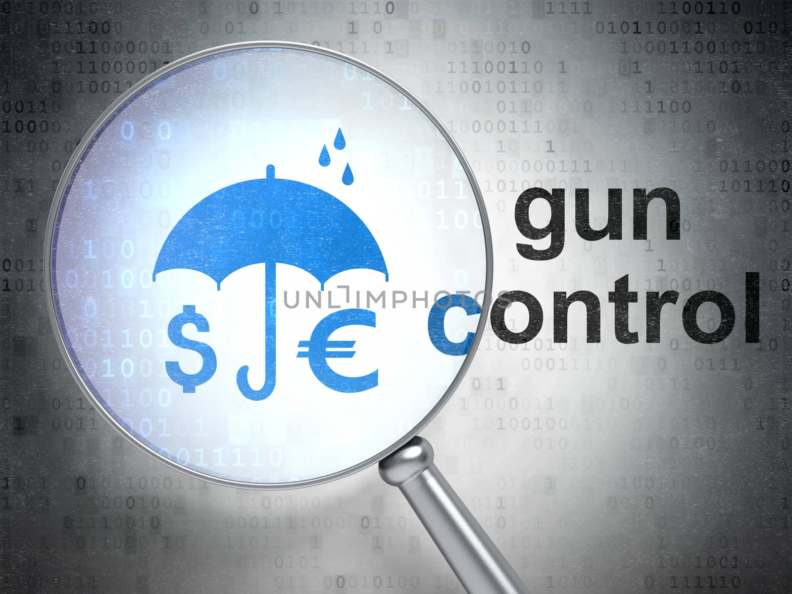 Security concept: magnifying optical glass with Money And Umbrella icon and Gun Control word on digital background