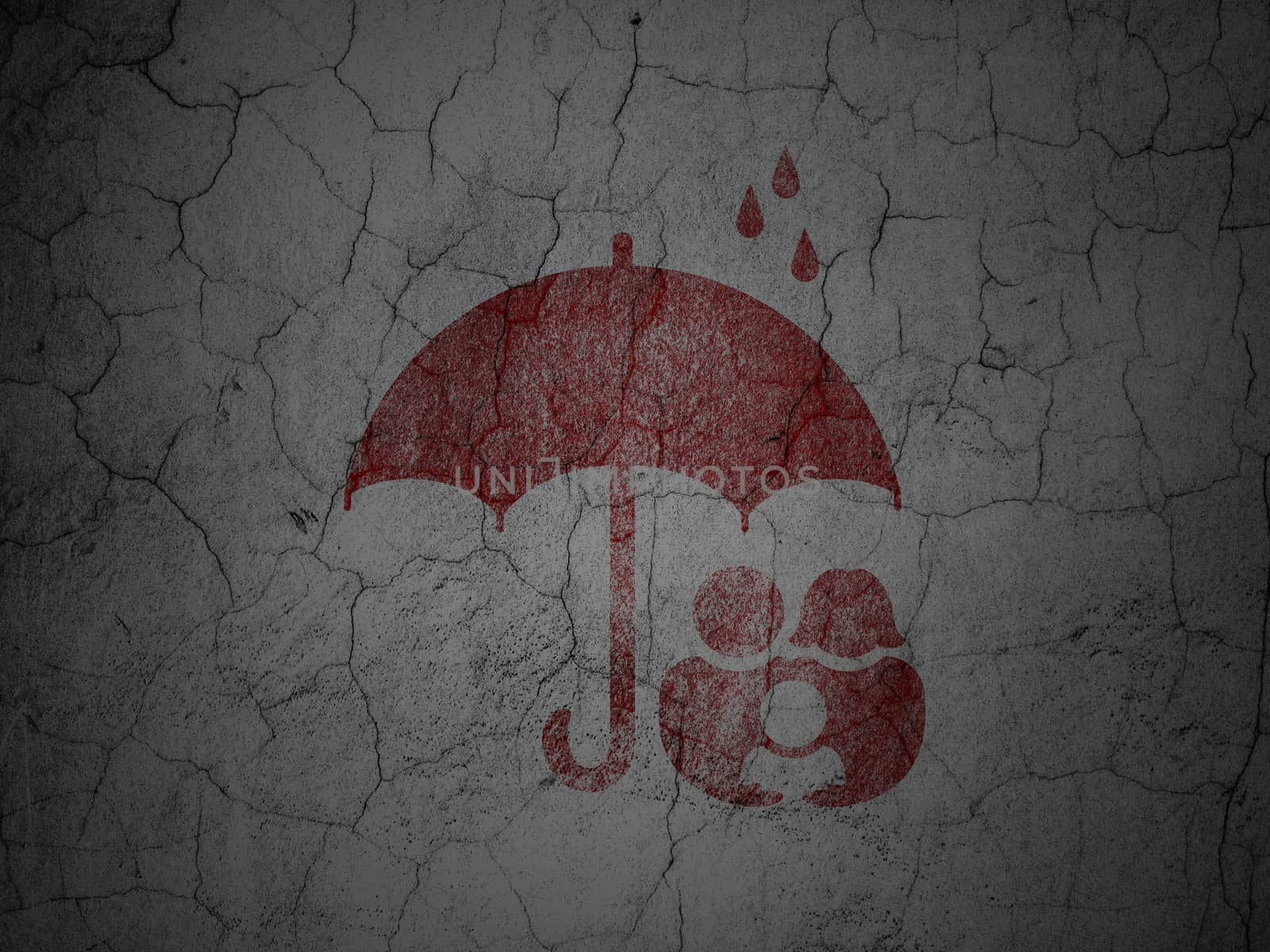 Privacy concept: Red Family And Umbrella on grunge textured concrete wall background