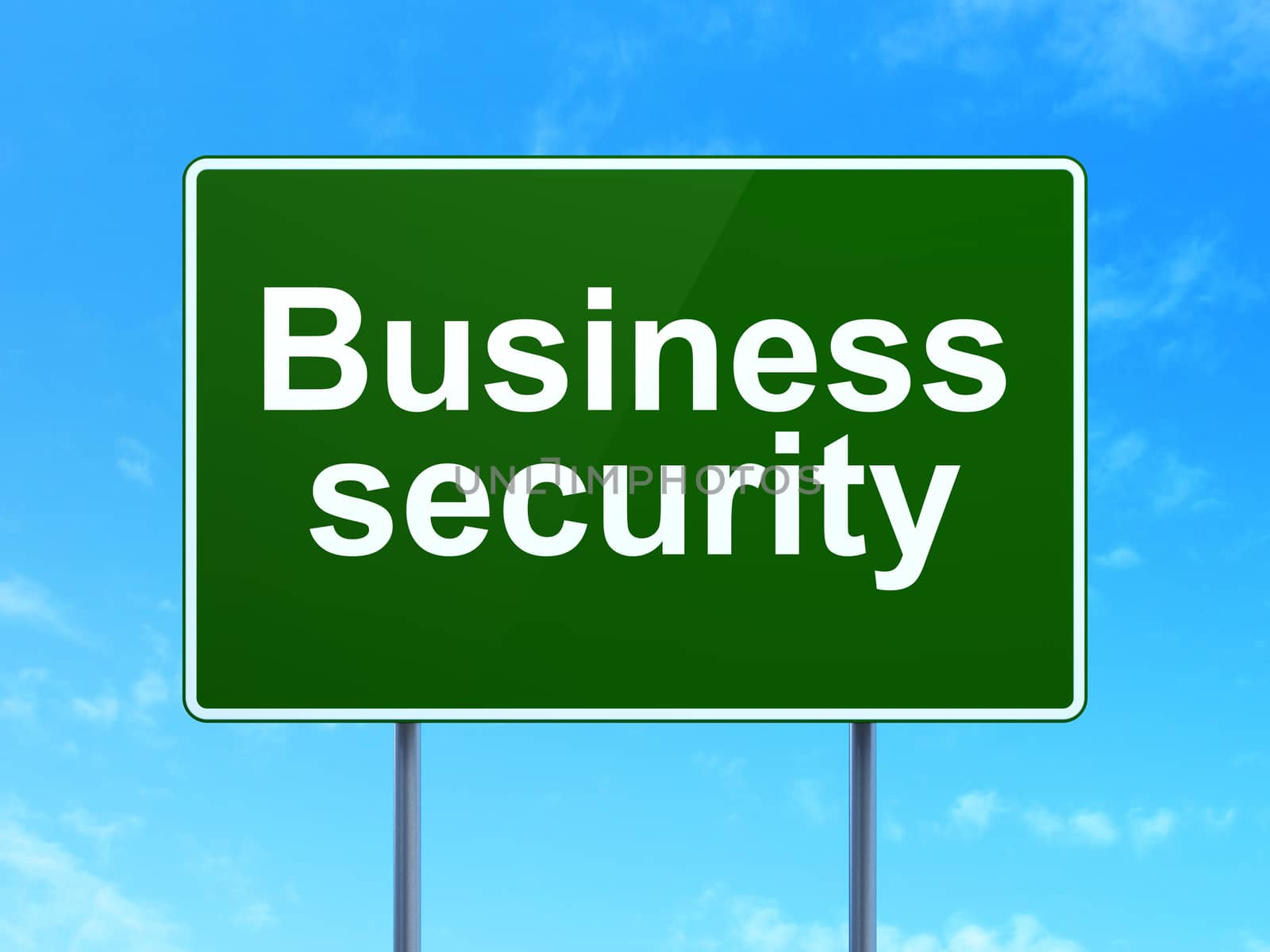 Safety concept: Business Security on green road highway sign, clear blue sky background, 3d render