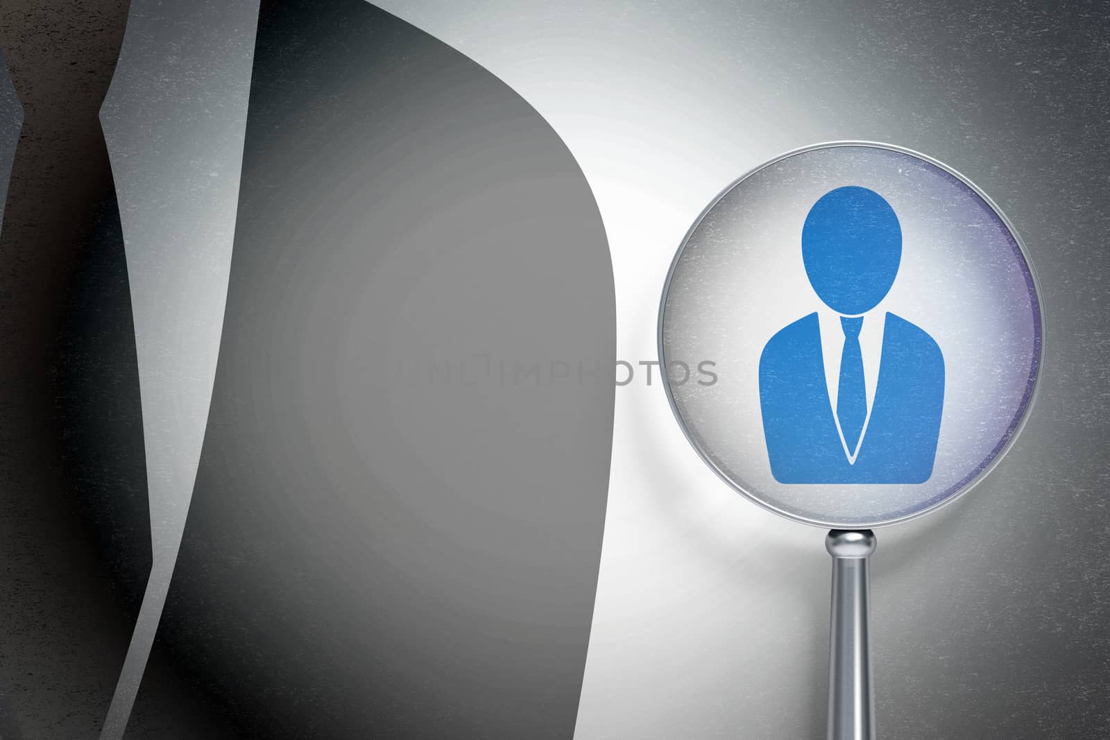 Advertising concept: magnifying optical glass with Business Man icon on digital background, empty copyspace for card, text, advertising