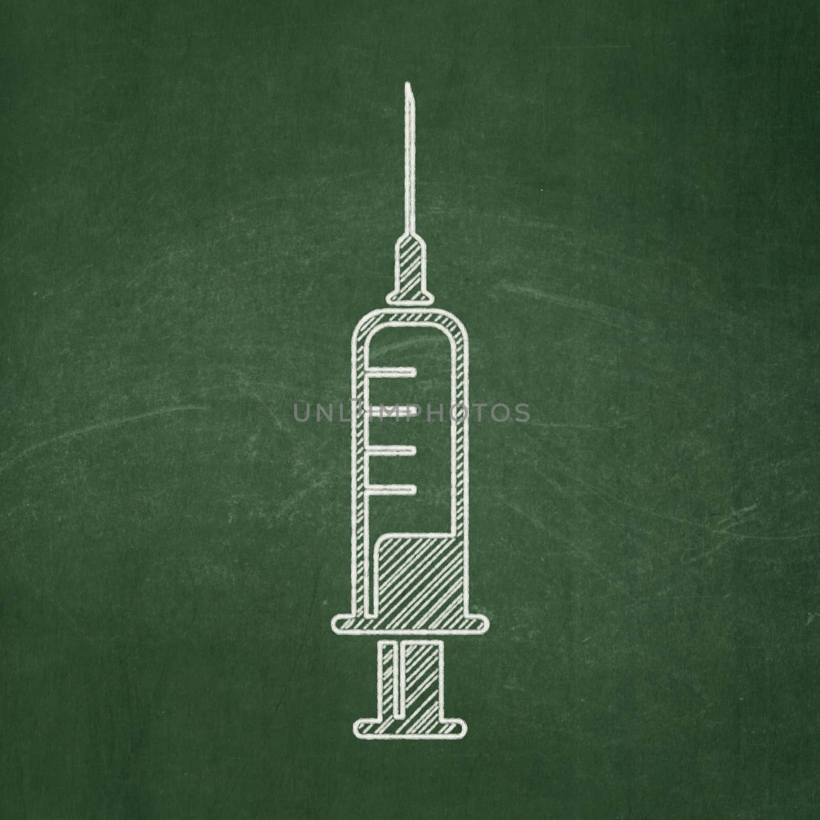 Health concept: Syringe on chalkboard background by maxkabakov