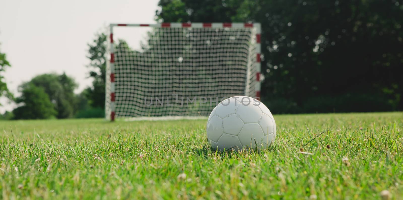 Soccer ball on the green field by sarymsakov