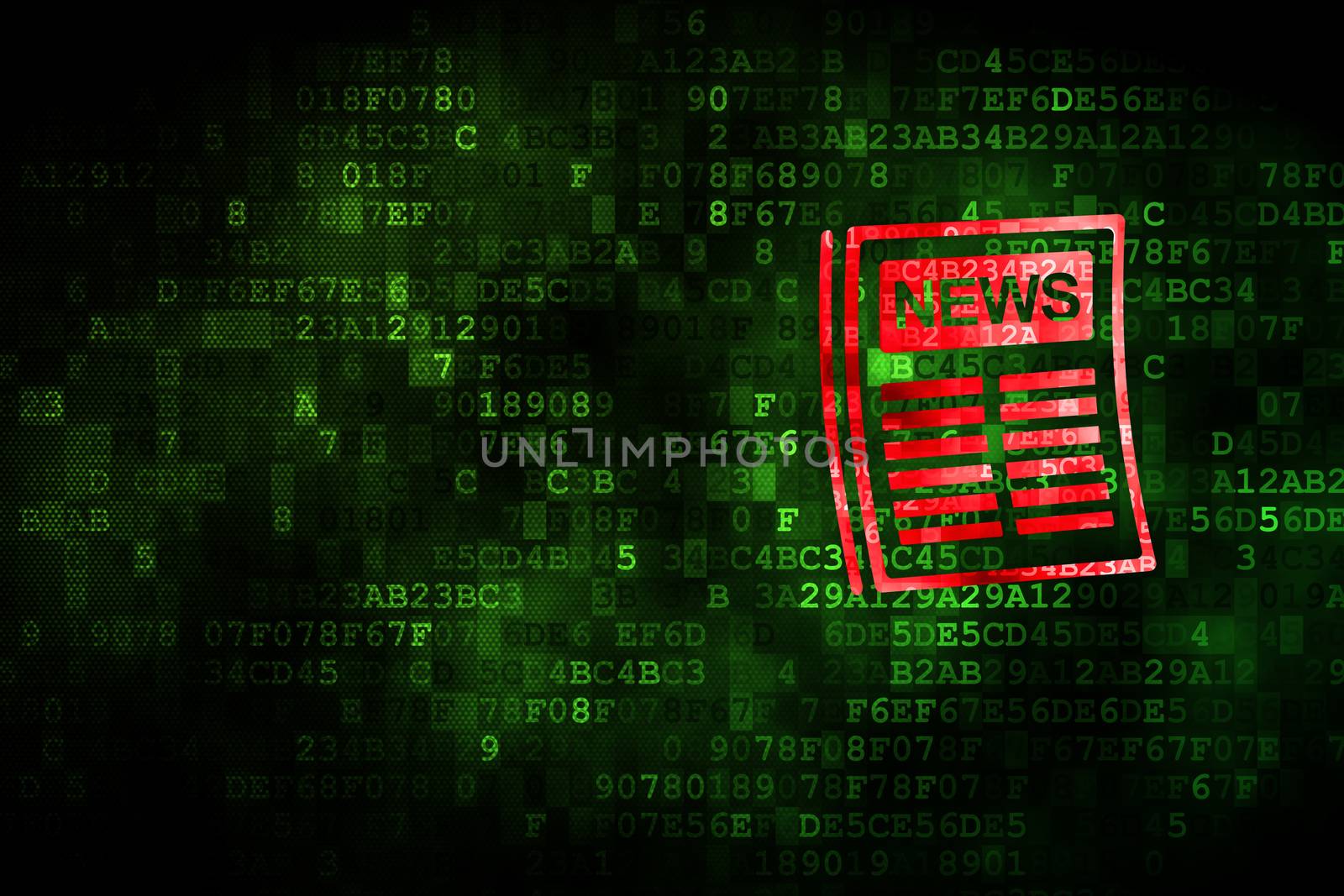 News concept: pixelated Newspaper icon on digital background, empty copyspace for card, text, advertising