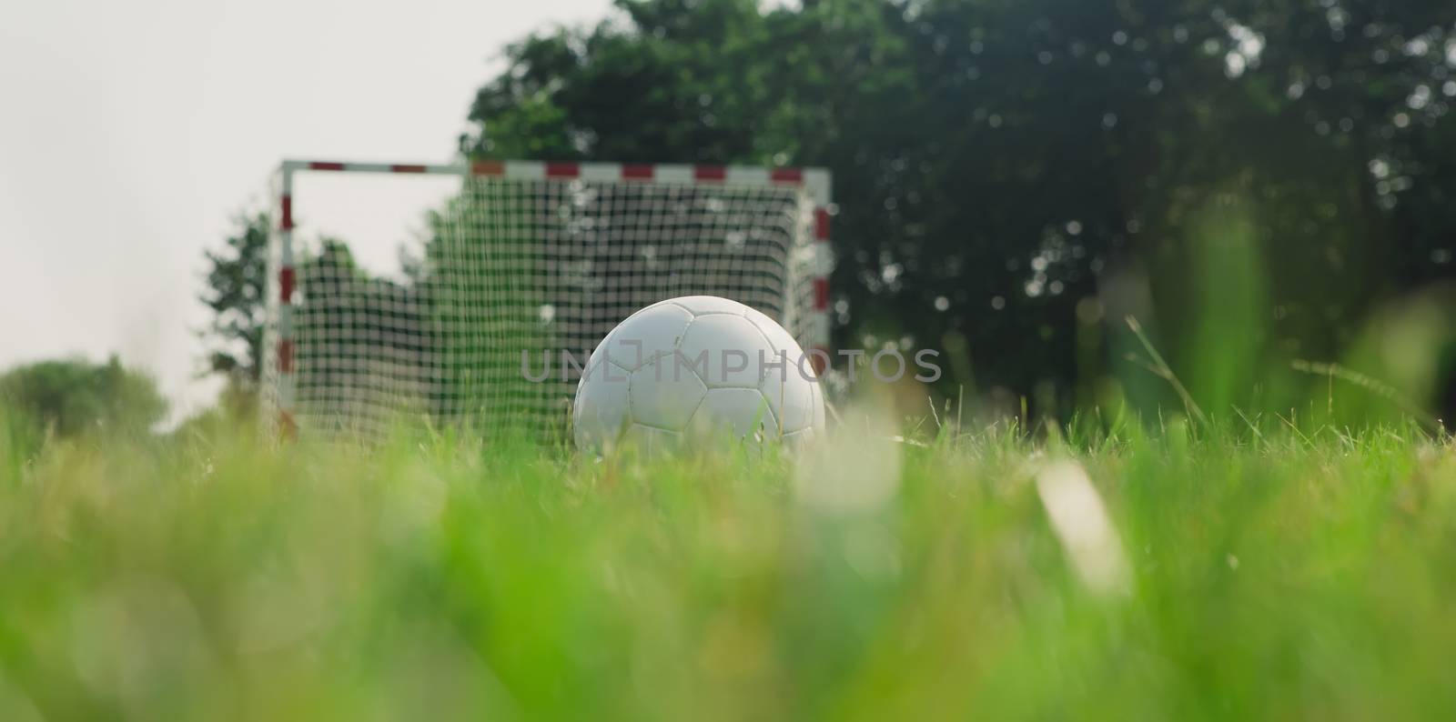 Soccer ball on the green field by sarymsakov