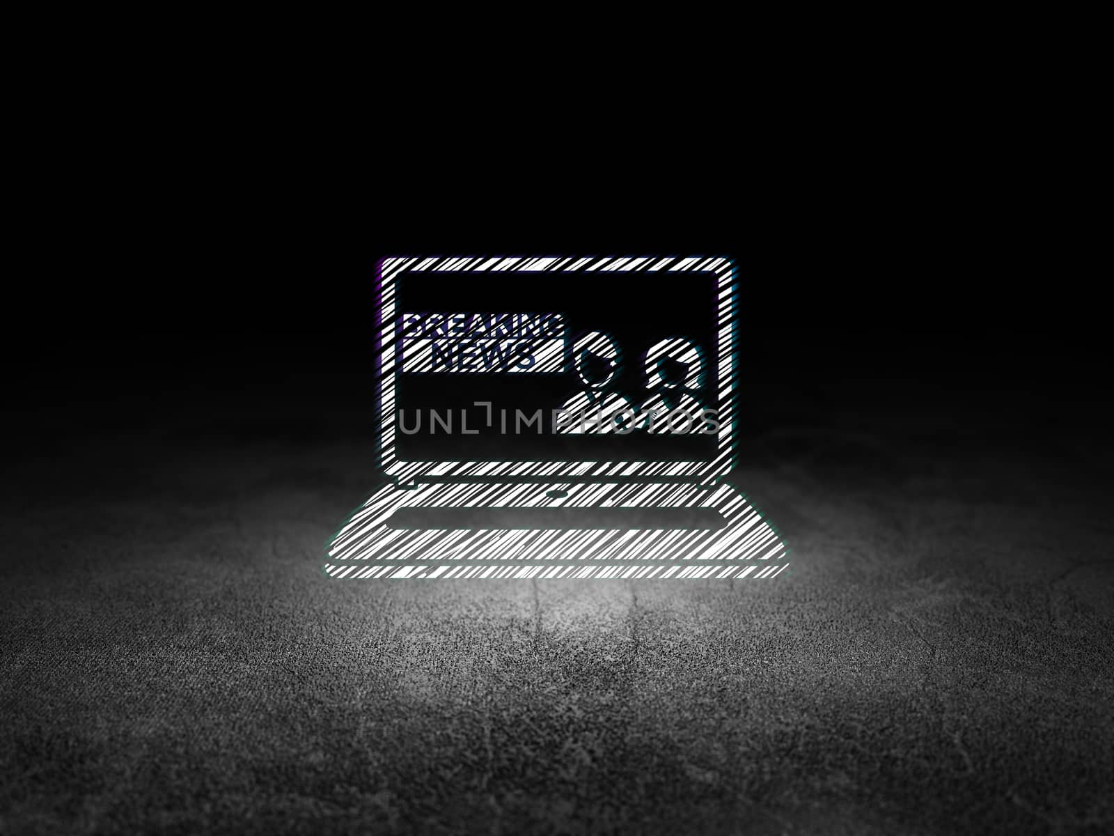 News concept: Glowing Breaking News On Laptop icon in grunge dark room with Dirty Floor, black background