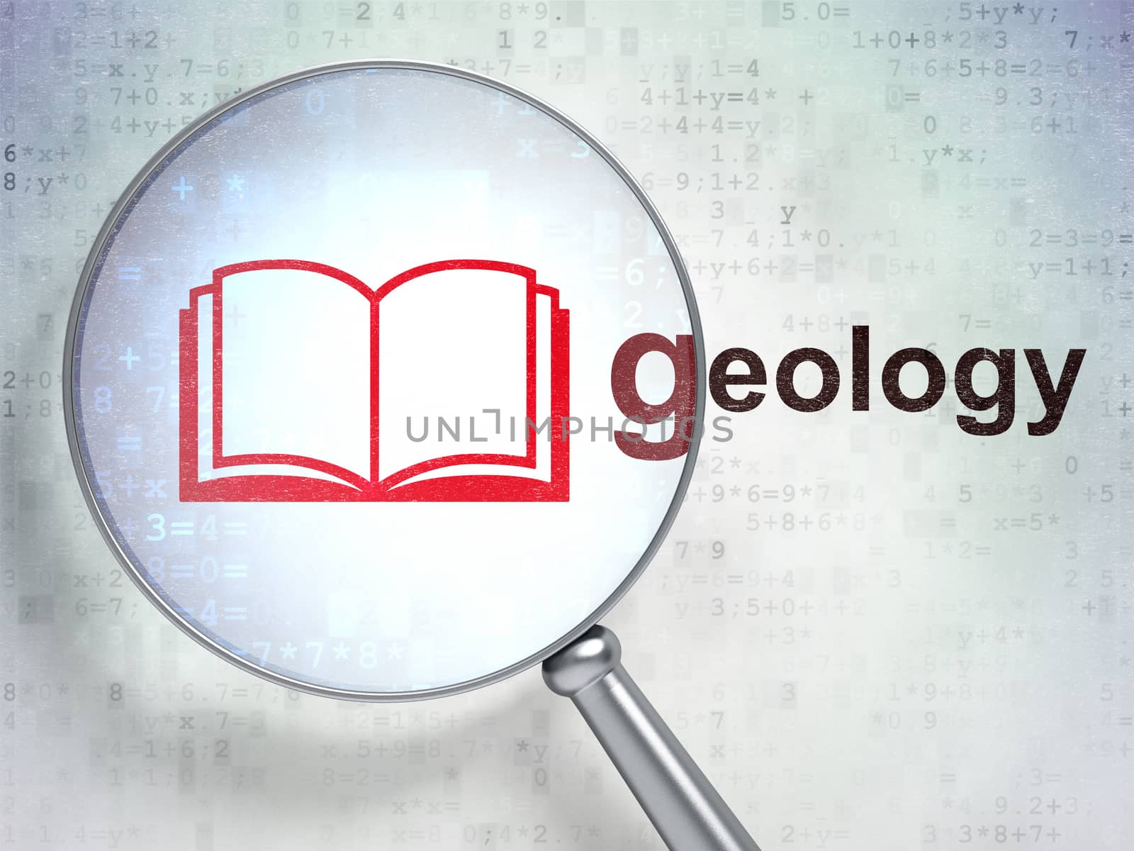 Learning concept: magnifying optical glass with Book icon and Geology word on digital background