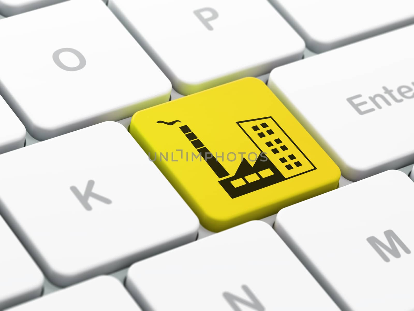 Manufacuring concept: computer keyboard with Industry Building icon on enter button background, selected focus, 3d render