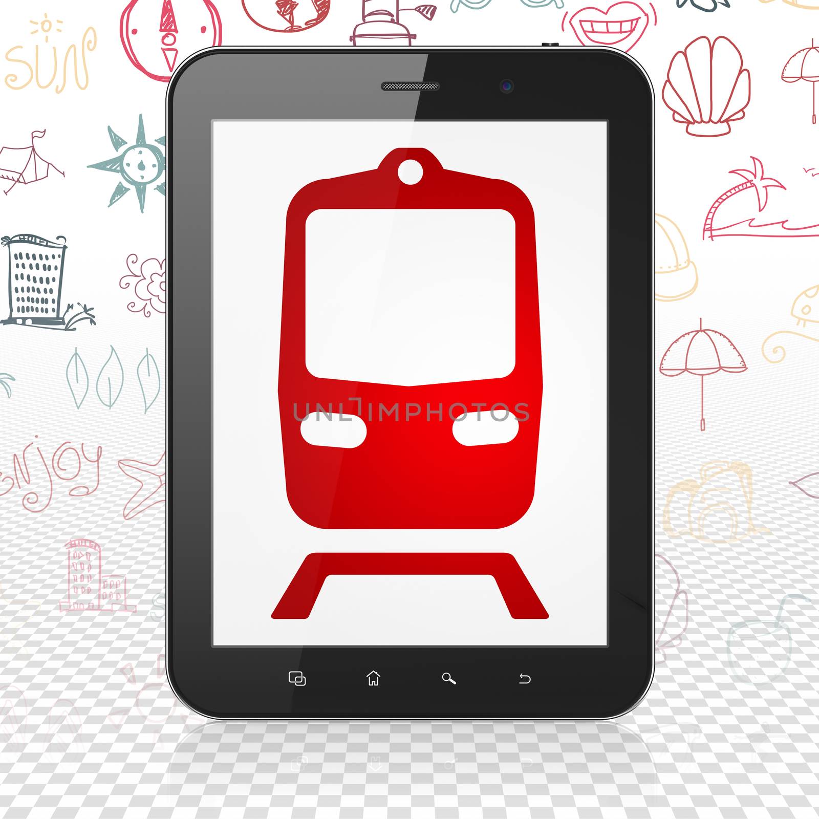 Vacation concept: Tablet Computer with  red Train icon on display,  Hand Drawn Vacation Icons background