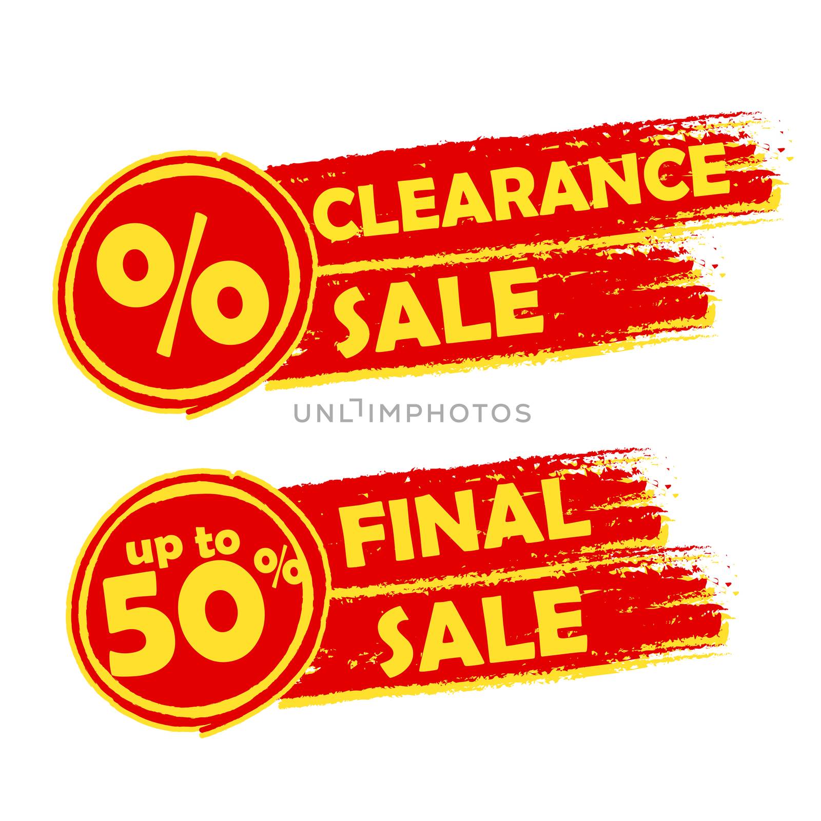 clearance and final sale with percent and 50 percentage signs banners - text in orange drawn labels with symbols, business commerce shopping concept
