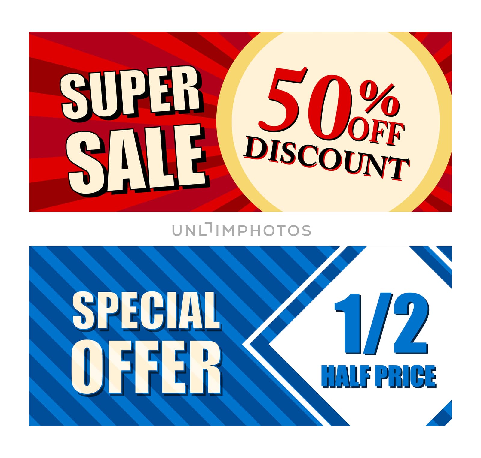 50 percent off discount super sale and special offer half price text banners, two vouchers labels, business commerce shopping concept