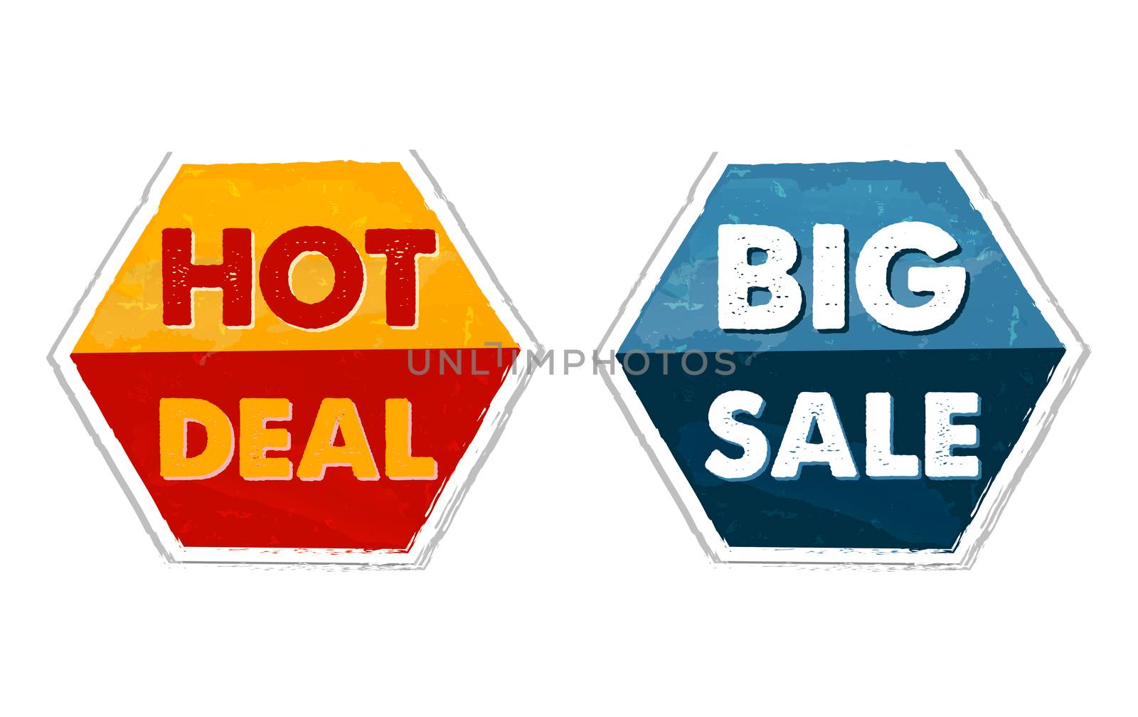 hot deal and big sale banners - text in colorful grunge flat design hexagons labels, business commerce shopping concept