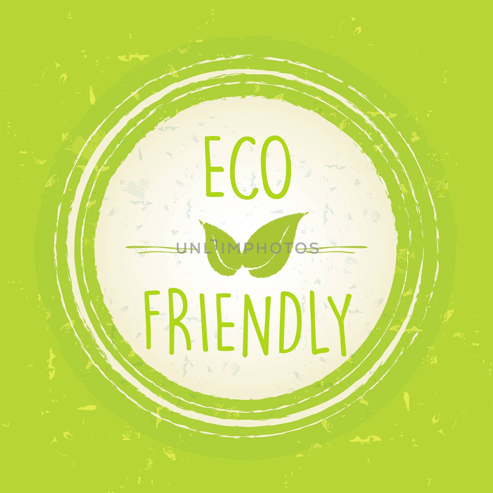 eco friendly with leaf sign in circle with rings over green old paper background