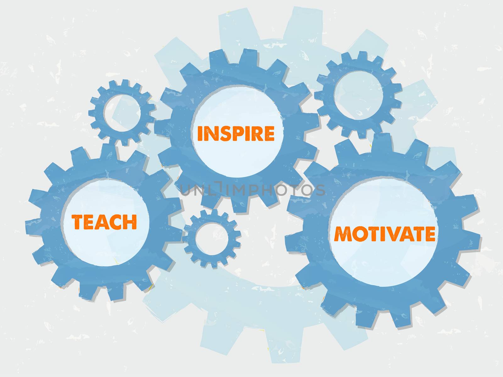 teach, inspire, motivate in grunge flat design gears by marinini