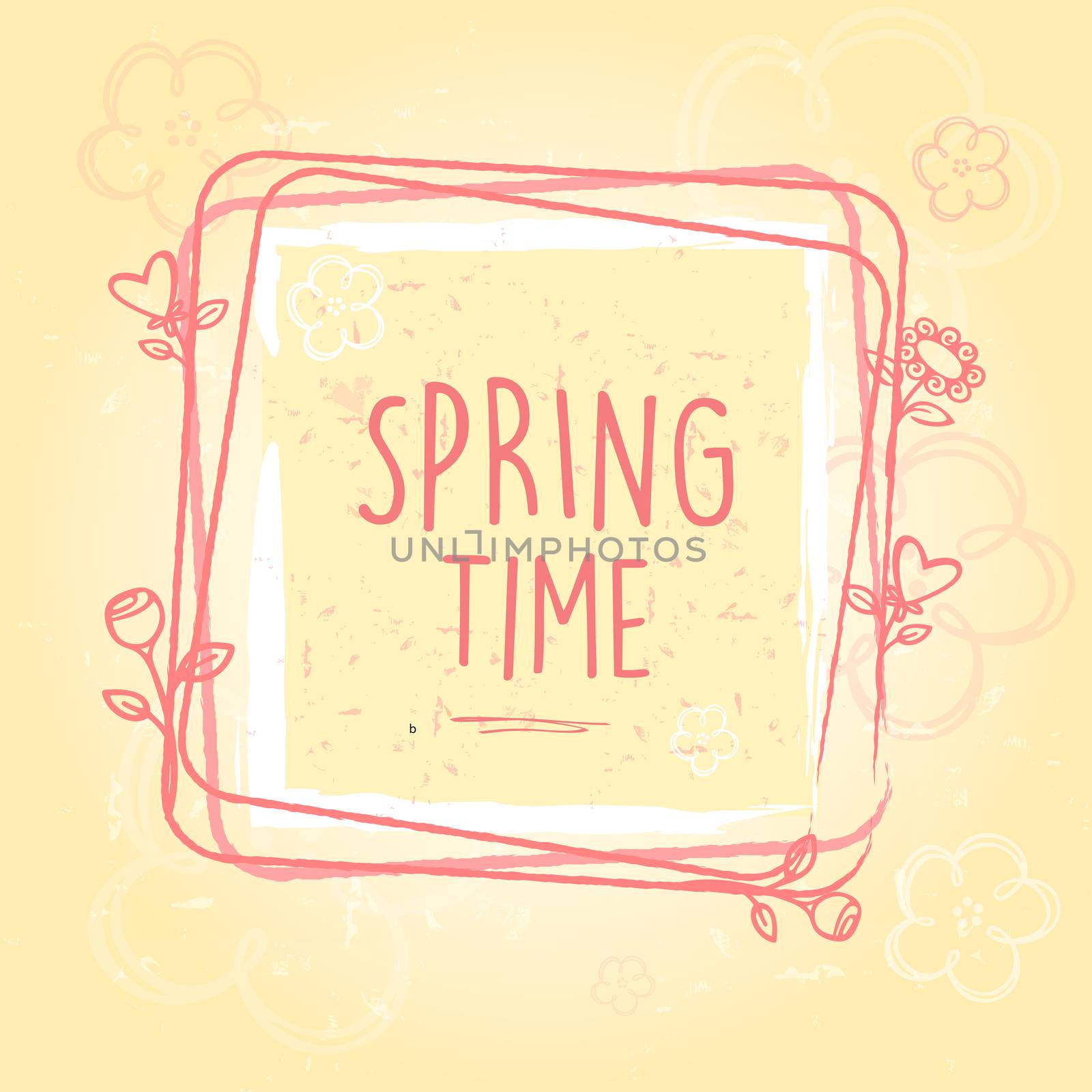 spring time text in frame with flowers and hearts over beige old paper background