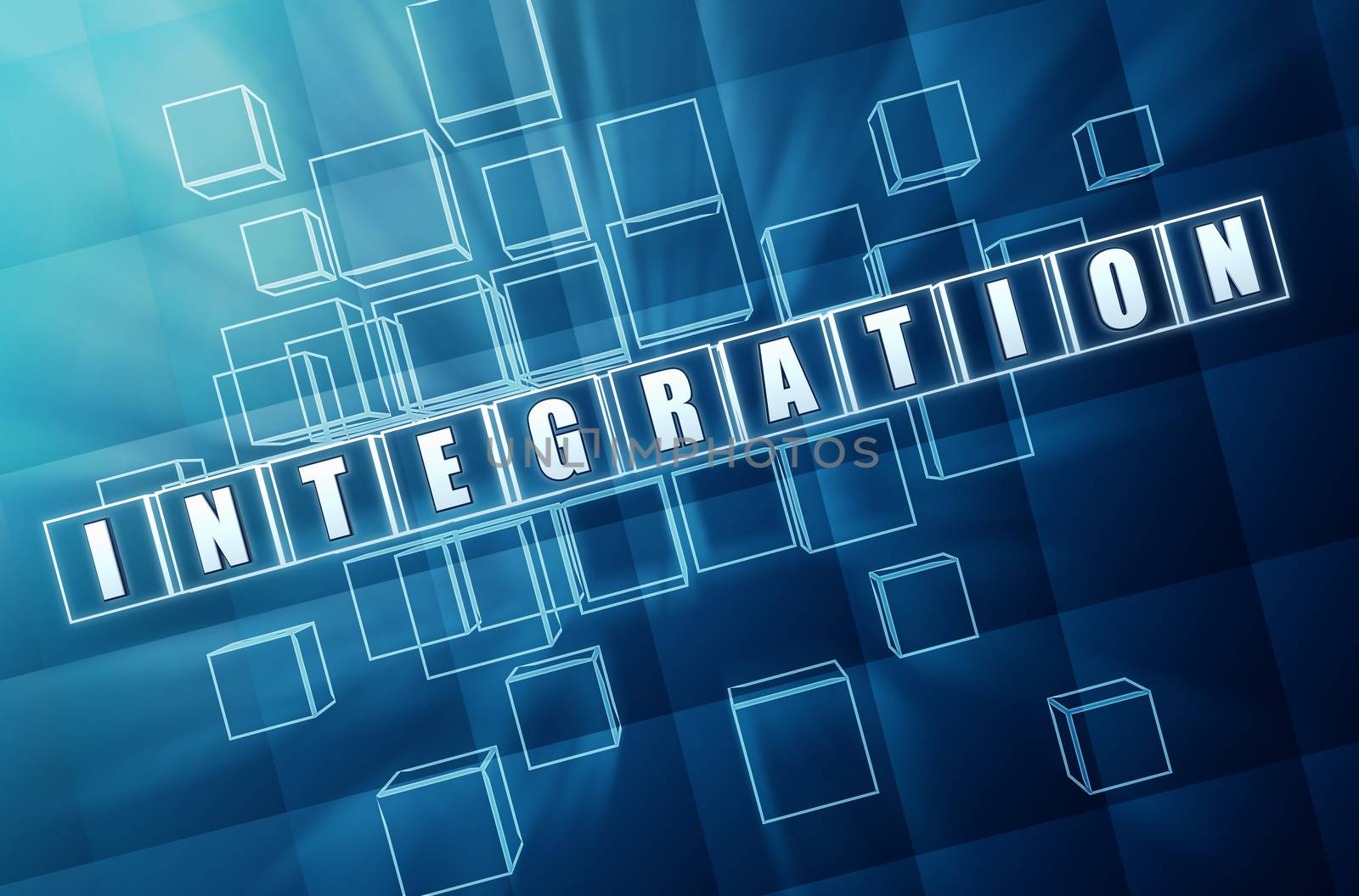 integration - text in 3d blue glass cubes with white letters, internet technology and global social conceptual word