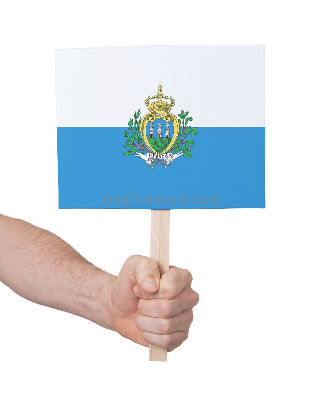 Hand holding small card, isolated on white - Flag of San Marino