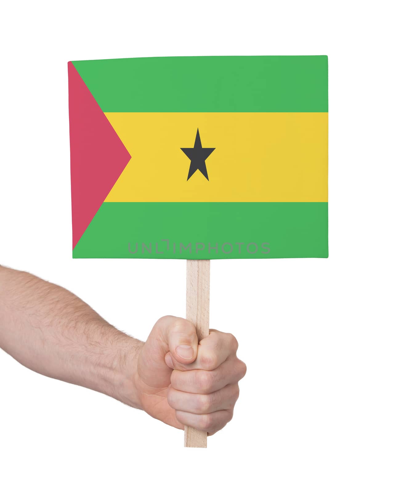 Hand holding small card, isolated on white - Flag of Sao Tome and Principe