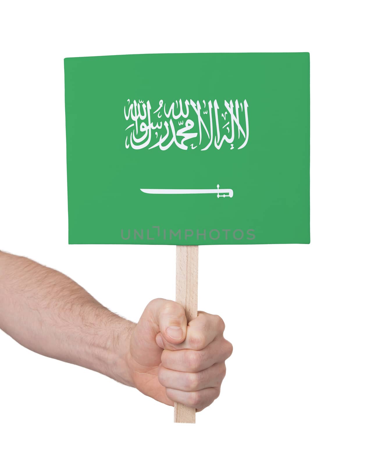 Hand holding small card, isolated on white - Flag of Saudi Arabia