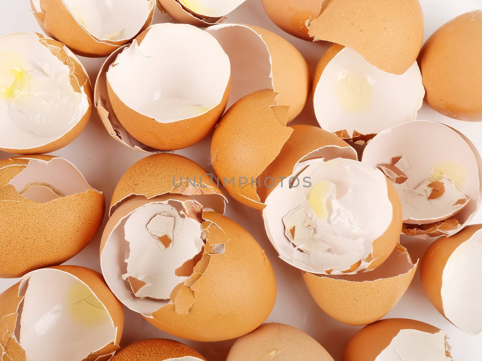 Heap of broken egg shells, above view