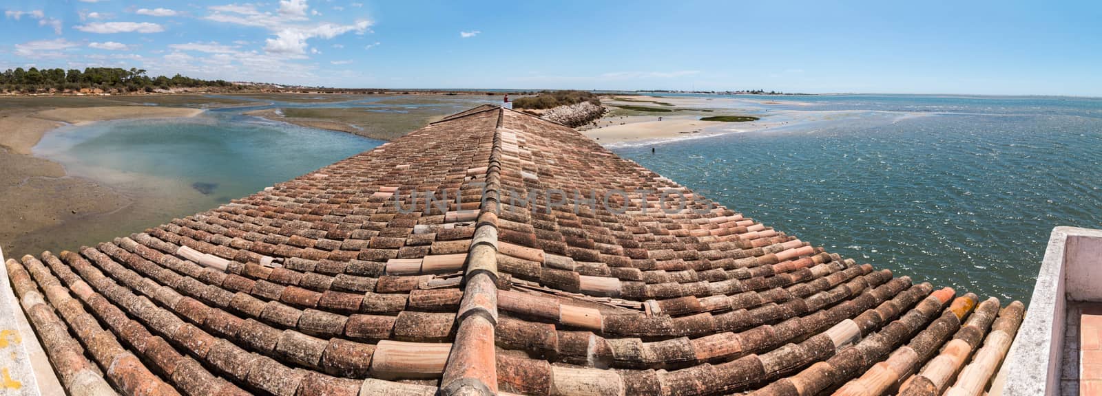 View of traditional rooftops of the Algarve region next to Ria Formosa marshlands, Portugal.