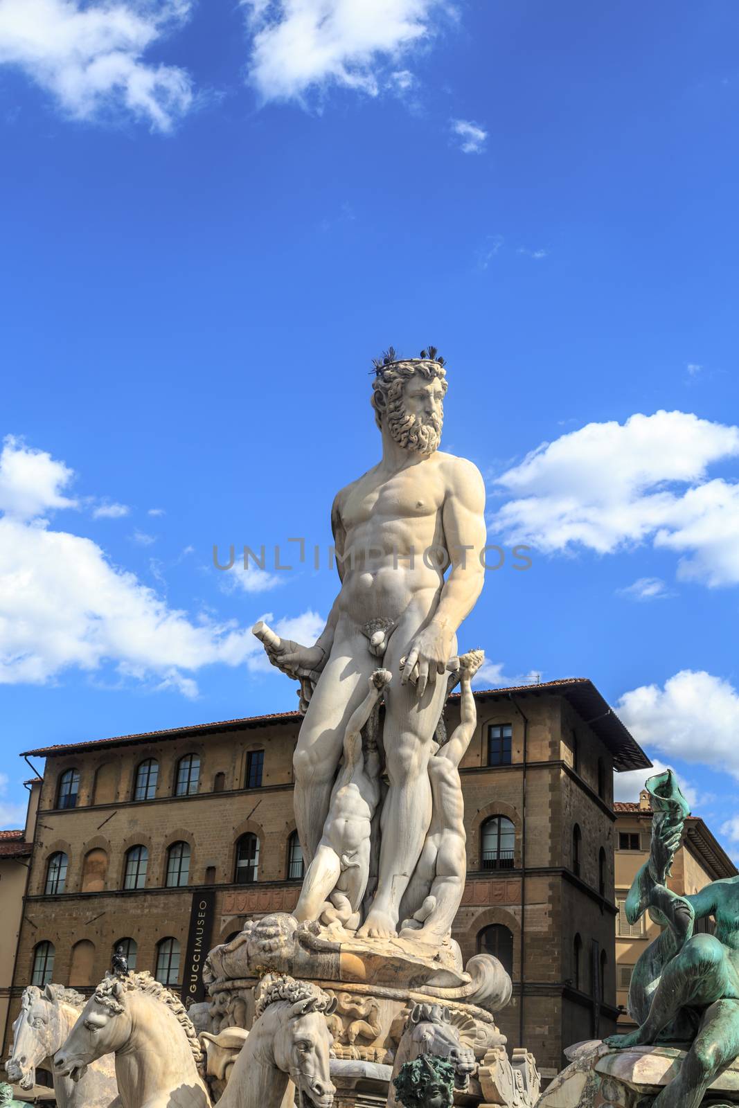 View of famous square of Florence, Piazza Della Signoria with historical big sculptures around.
