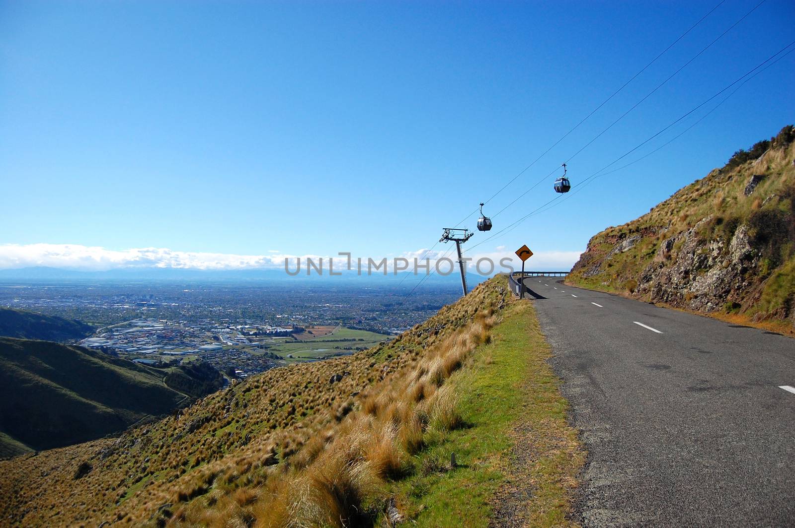 Cable railway over road turns right town view, Christchurch, Canterbury Region, South Island, New Zealand