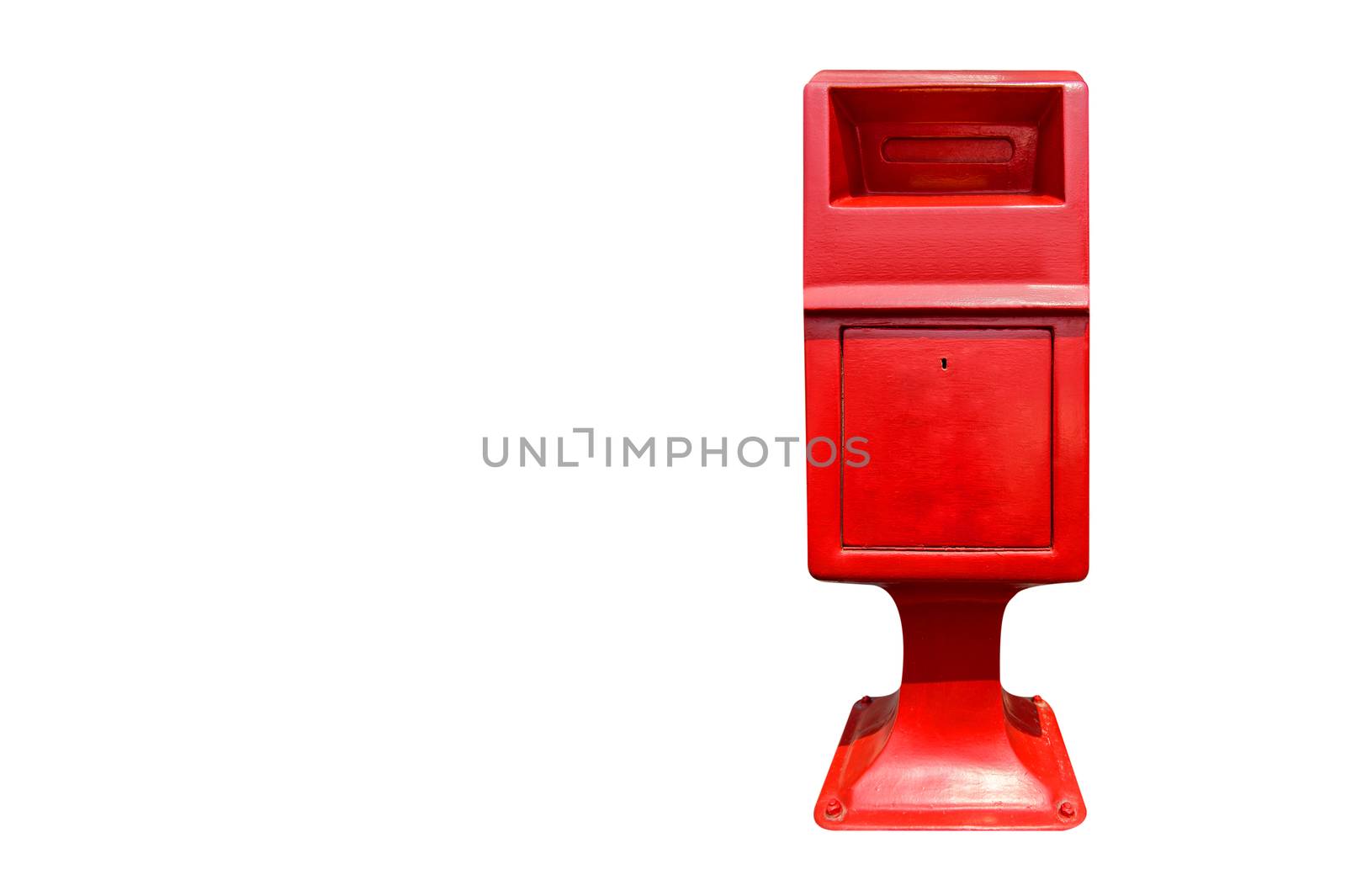 Red postbox isolated on white background with space for text or symbol.