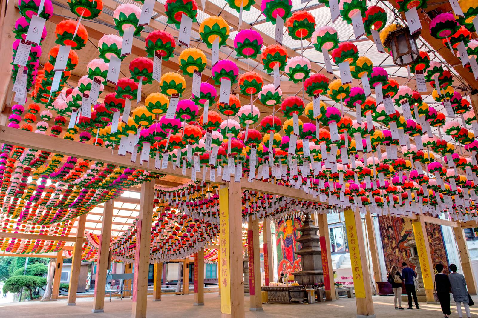 Bongeunsa Temple with hanging lanterns for celebrating the Buddha's birthday on May. by gutarphotoghaphy