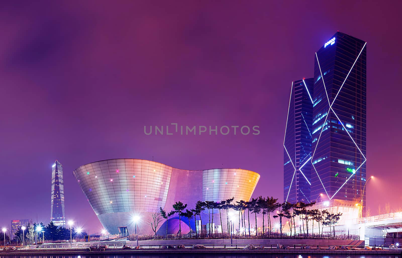 INCHEON, SOUTH KOREA - DEC 27 : Incheon Tri-bowl Building on Dec 27, 2014 in Songdo district, Incheon, South Korea. This architecture is a remarkably shaped exhibition and performance space.