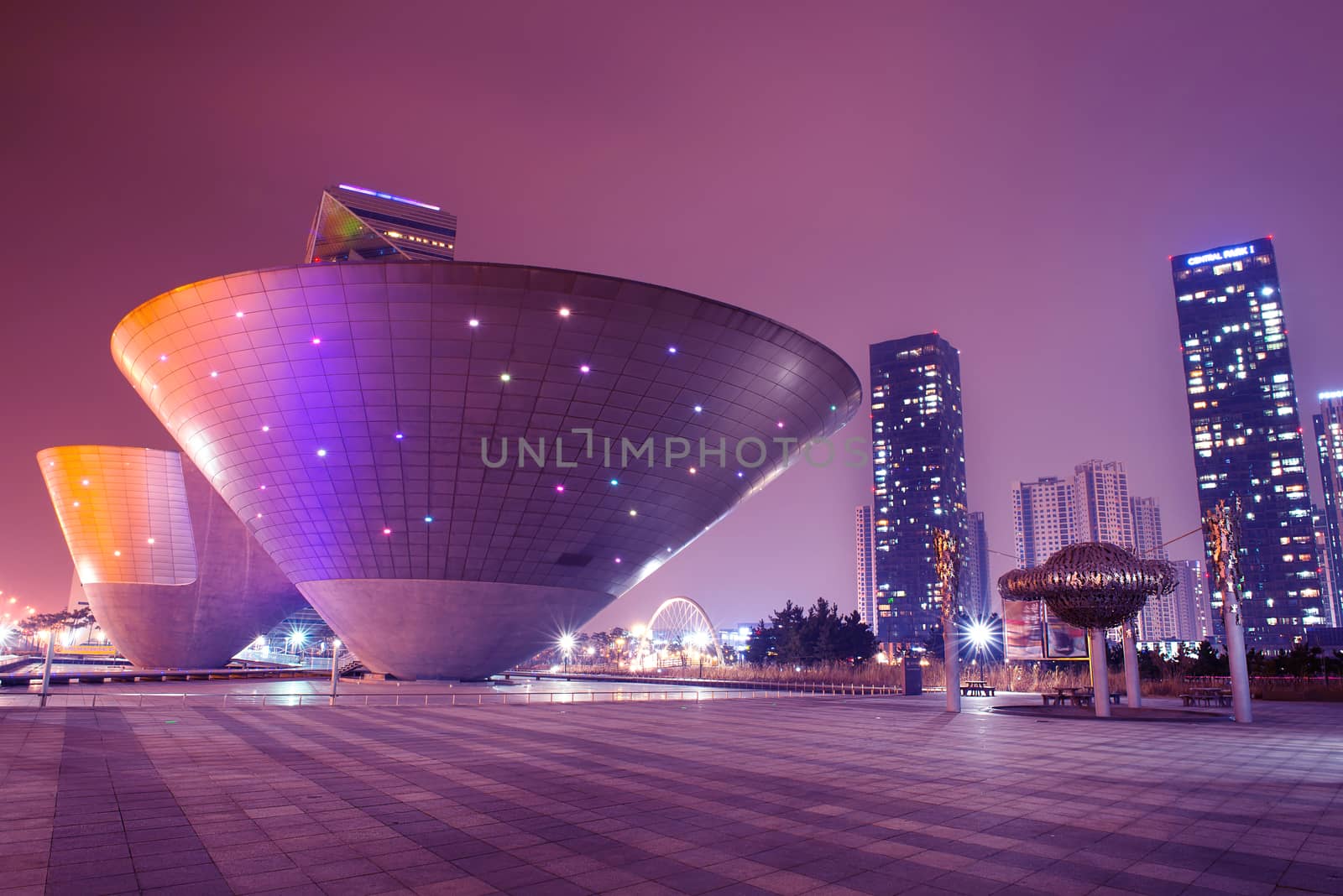 INCHEON, SOUTH KOREA - DEC 27 : Incheon Tri-bowl Building on Dec 27, 2014 in Songdo district, Incheon, South Korea. This architecture is a remarkably shaped exhibition and performance space.