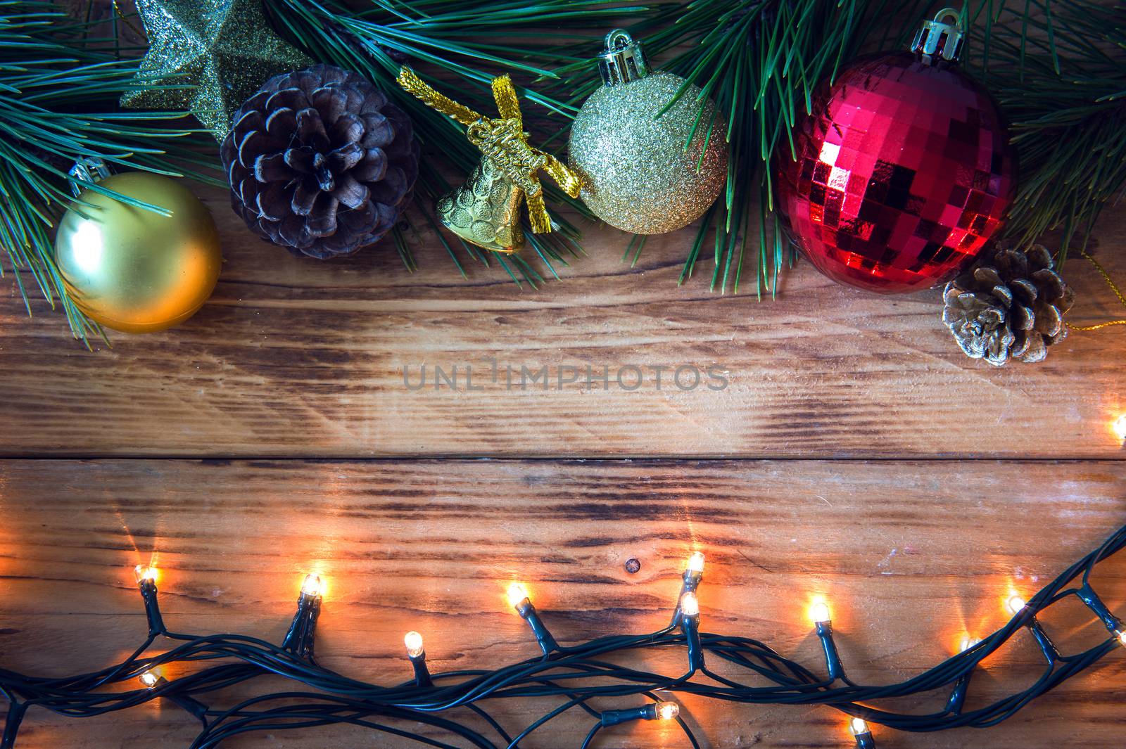 Christmas background with christmas gift,red balls, pine cones on Wooden Background. Christmas vintage style