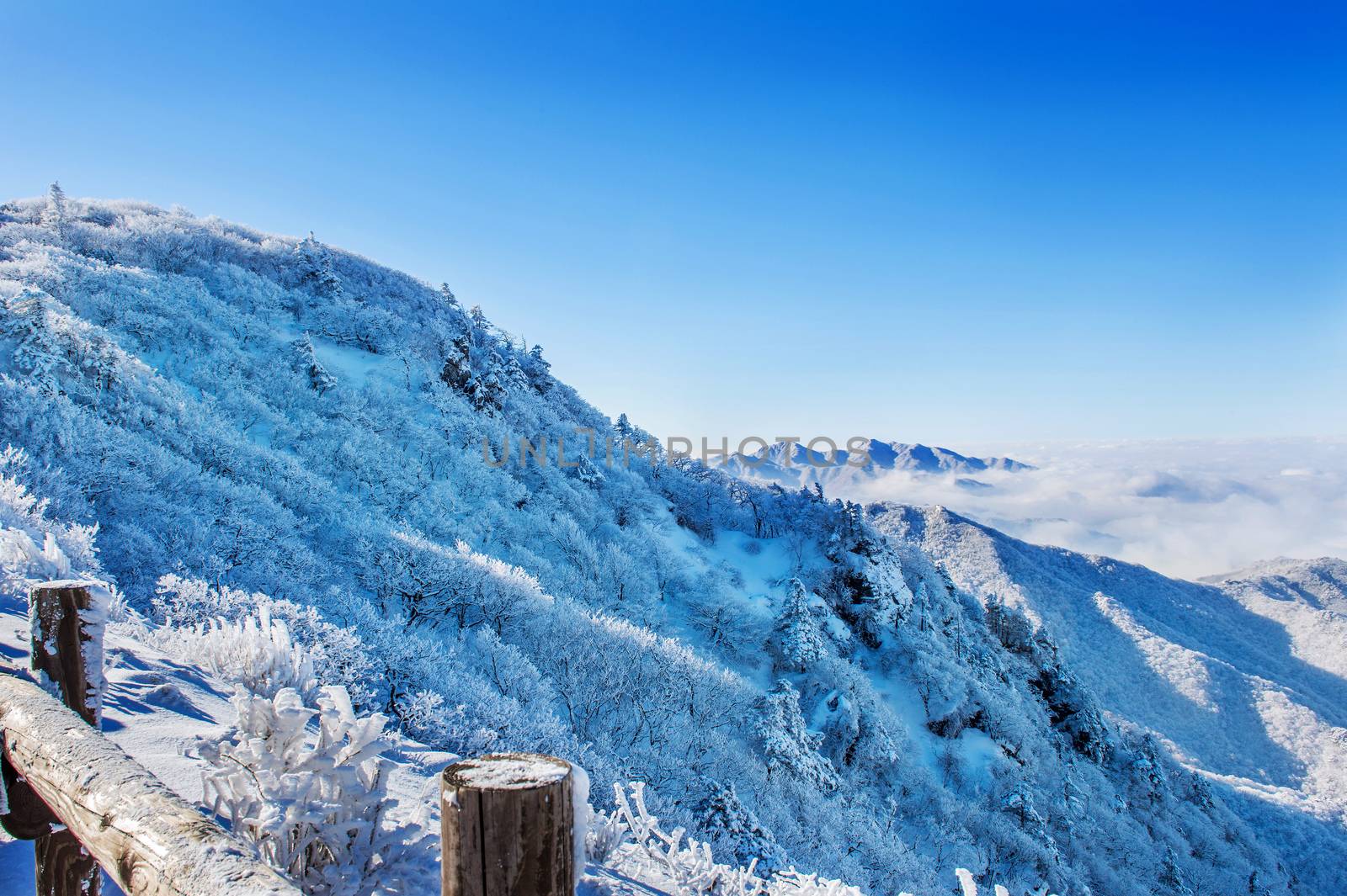 Seoraksan mountains is covered by morning fog in winter, Korea. by gutarphotoghaphy
