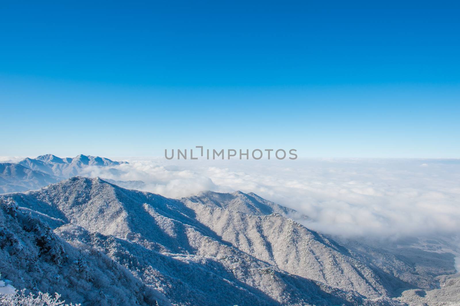 Seoraksan mountains is covered by morning fog in winter, Korea. by gutarphotoghaphy