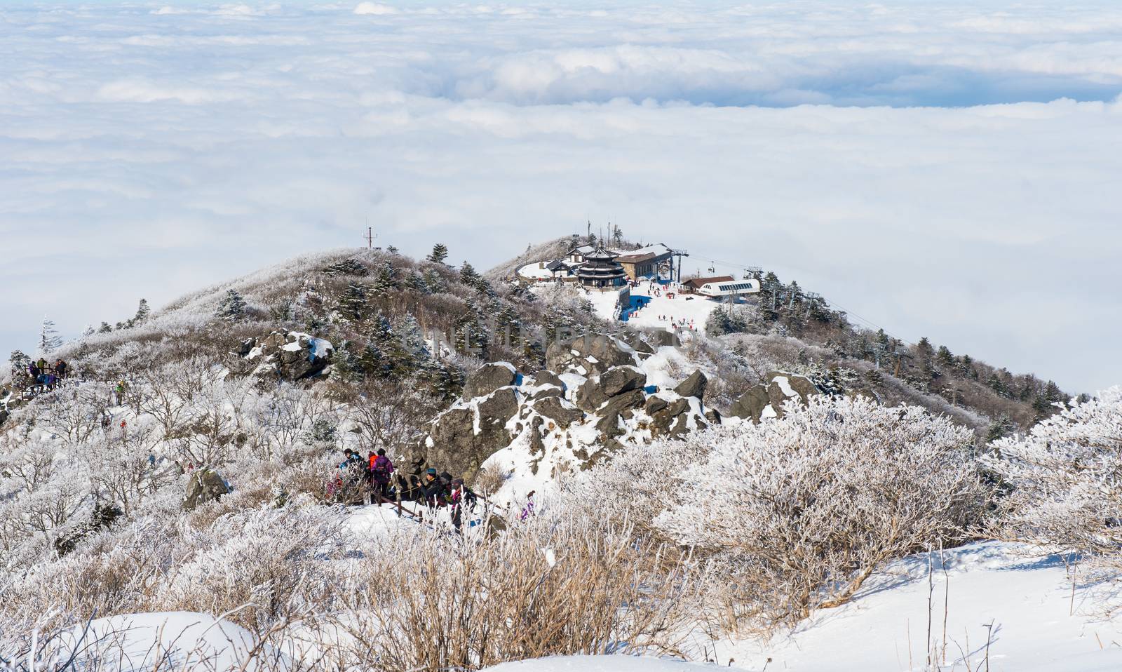 Tourists taking photos of the beautiful scenery and skiing around Deogyusan,South Korea. by gutarphotoghaphy
