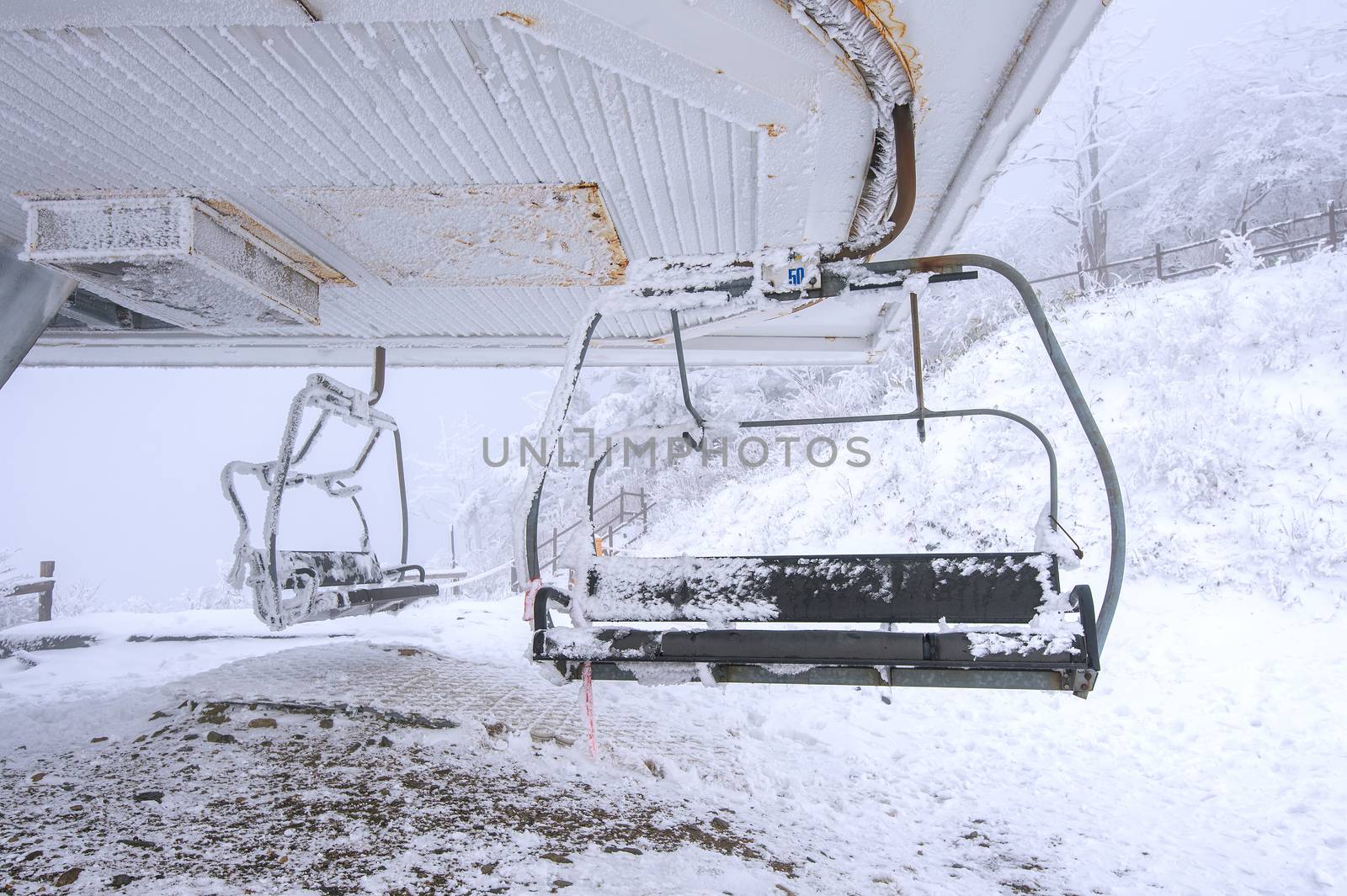 Ski chair lift is covered by snow in winter, Korea. by gutarphotoghaphy