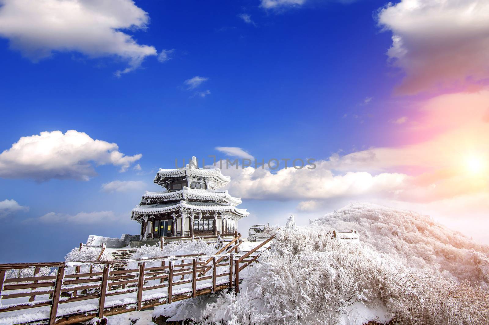 Deogyusan mountains is covered by snow in winter,South Korea.Sunset landscape.