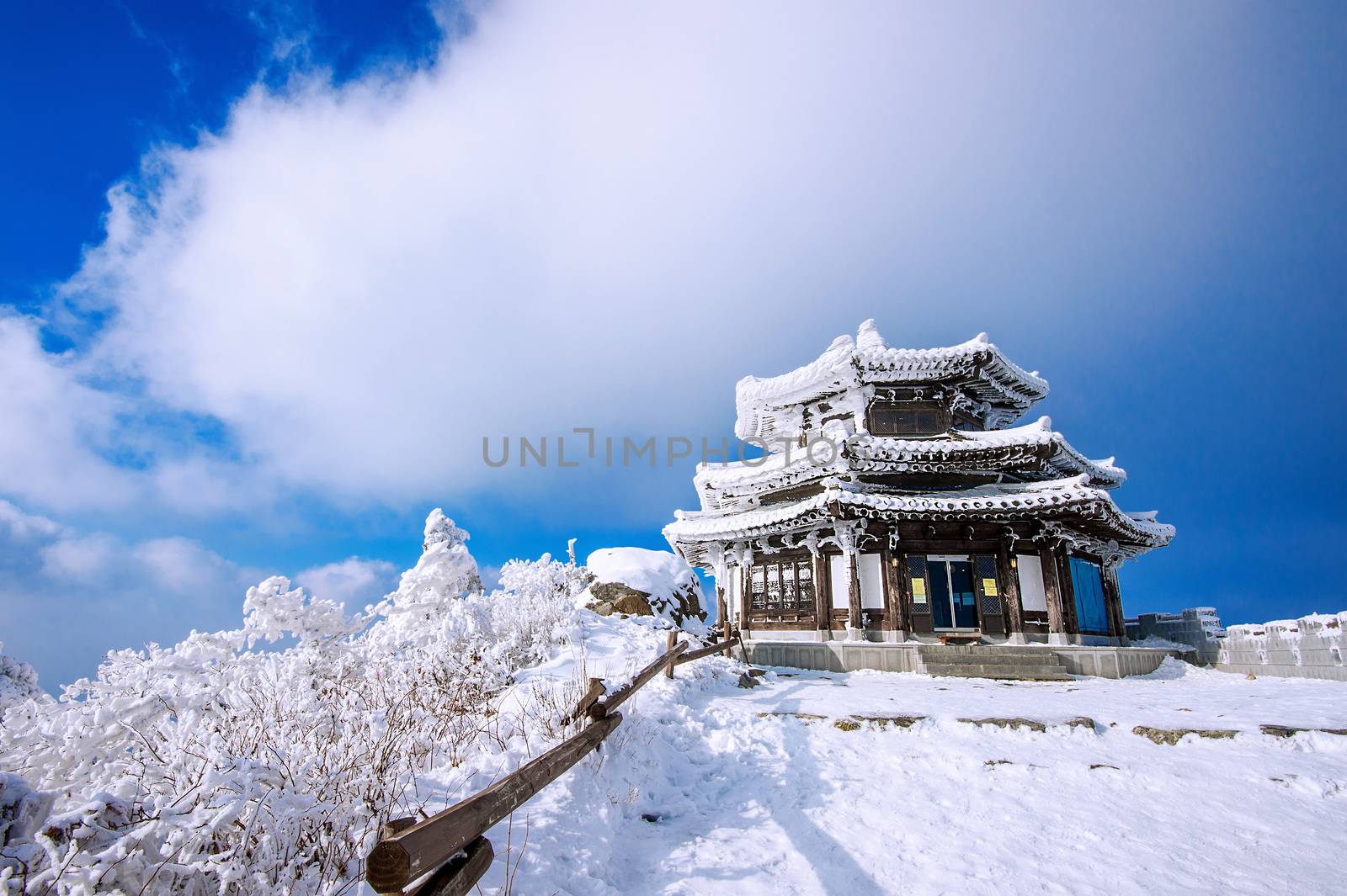 Wooden house is covered by snow in winter, Deogyusan mountains S by gutarphotoghaphy