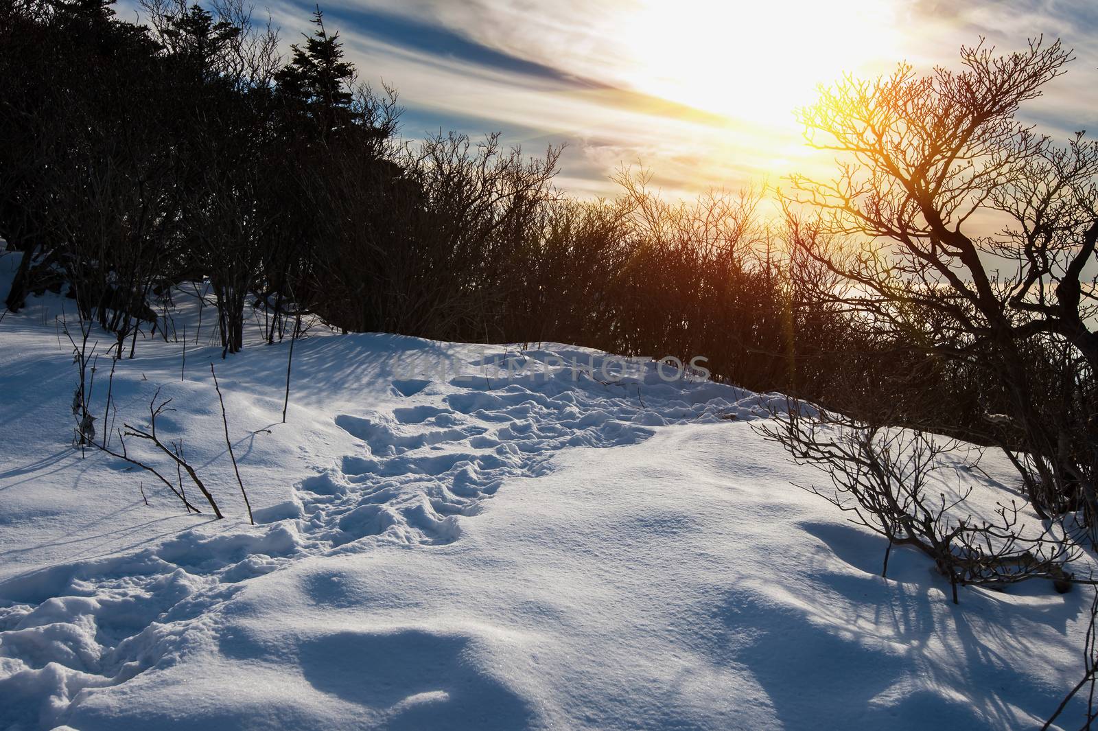 majestic sunset in the winter mountains landscape. Dark tone