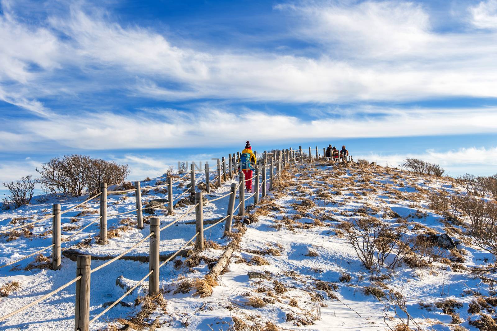 DEOGYUSAN,KOREA - JANUARY 1: Tourists taking photos of the beautiful scenery and skiing around Deogyusan,South Korea on January 1, 2016.