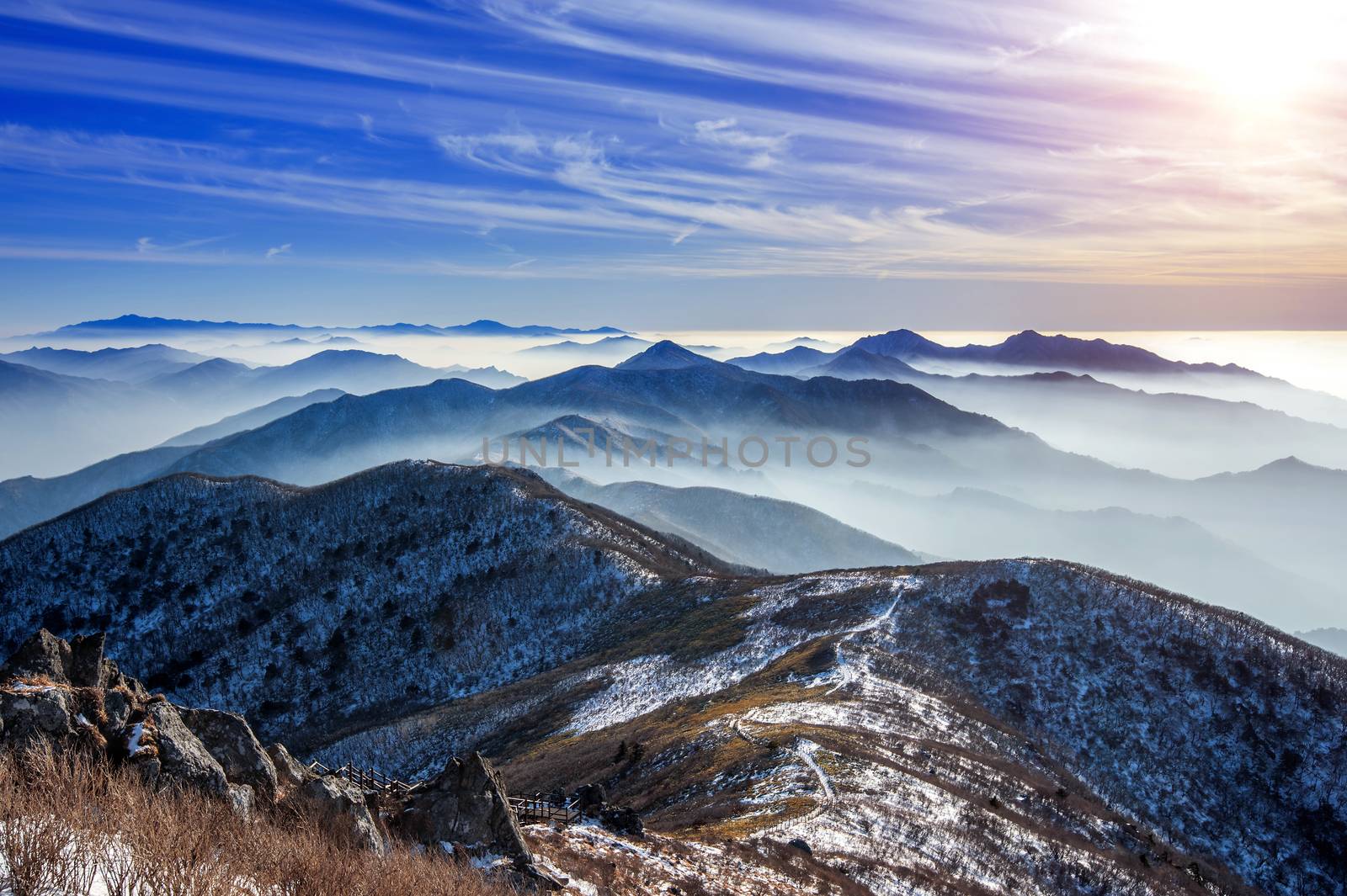 Winter landscape with sunset and foggy in Deogyusan mountains, S by gutarphotoghaphy