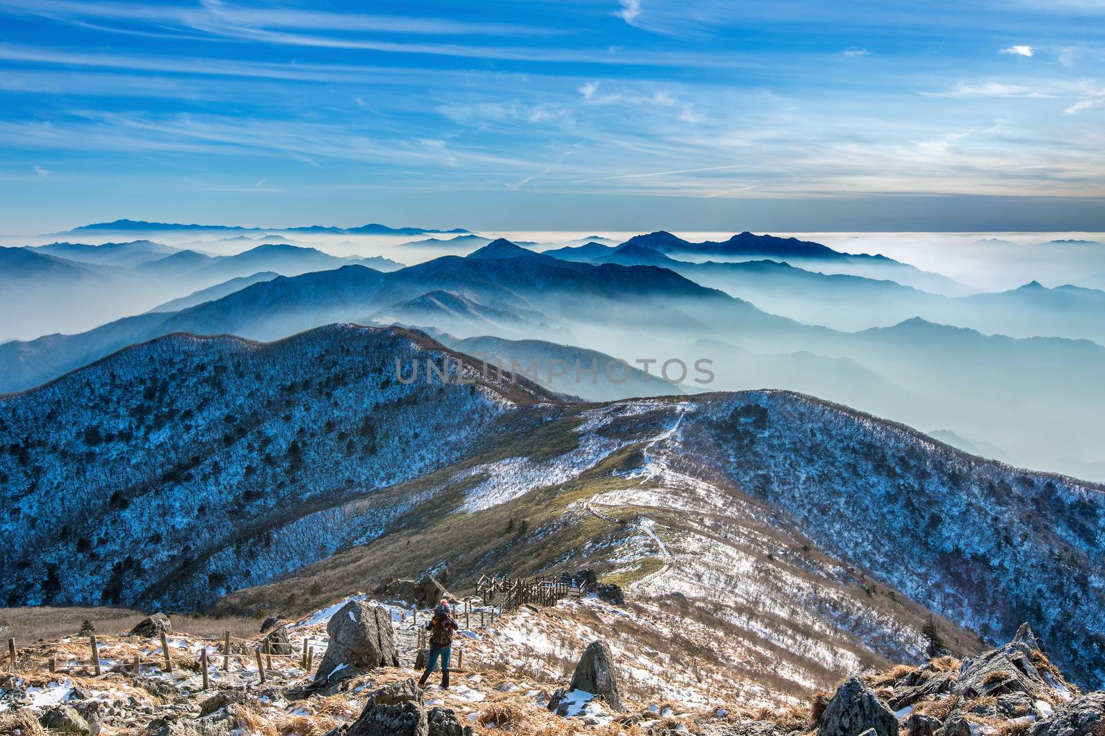 Professional photographer takes photos with camera on tripod on rocky peak at sunset.