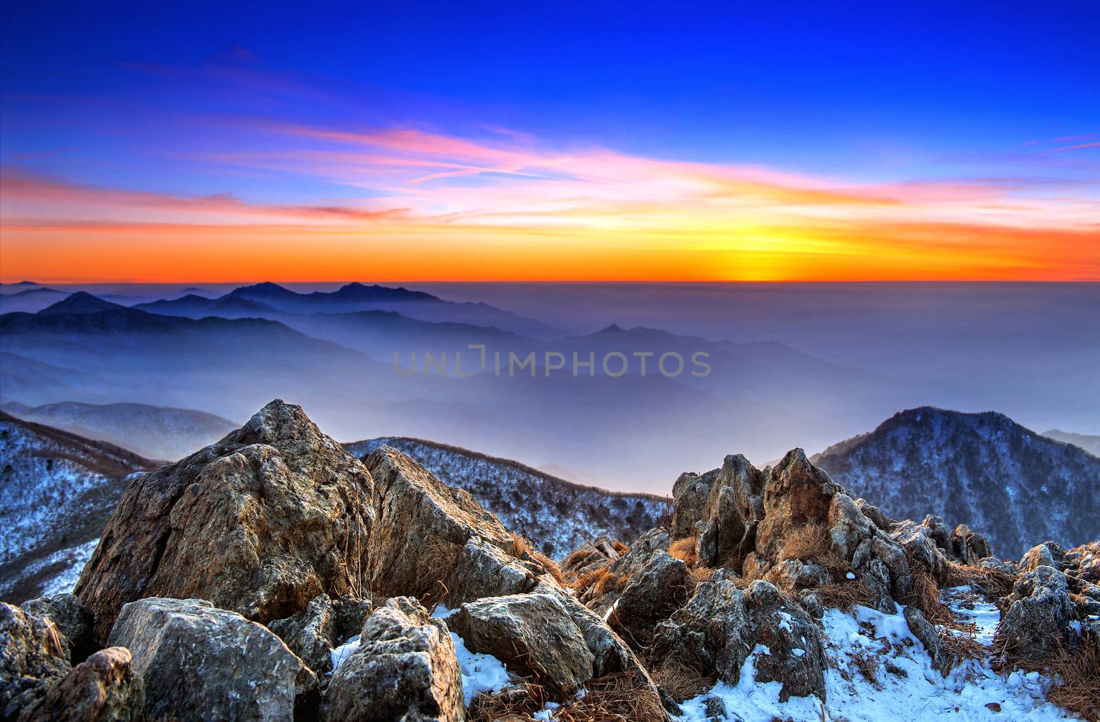 Beautiful Landscape at sunset on Deogyusan National Park in winter,South Korea.