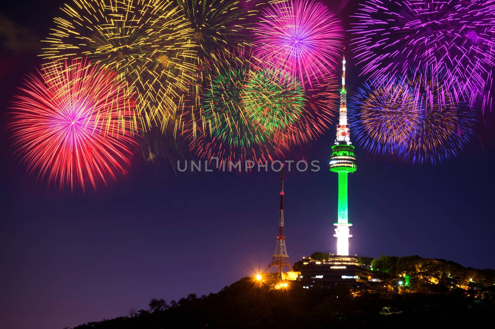 Seoul tower and firework in korea.