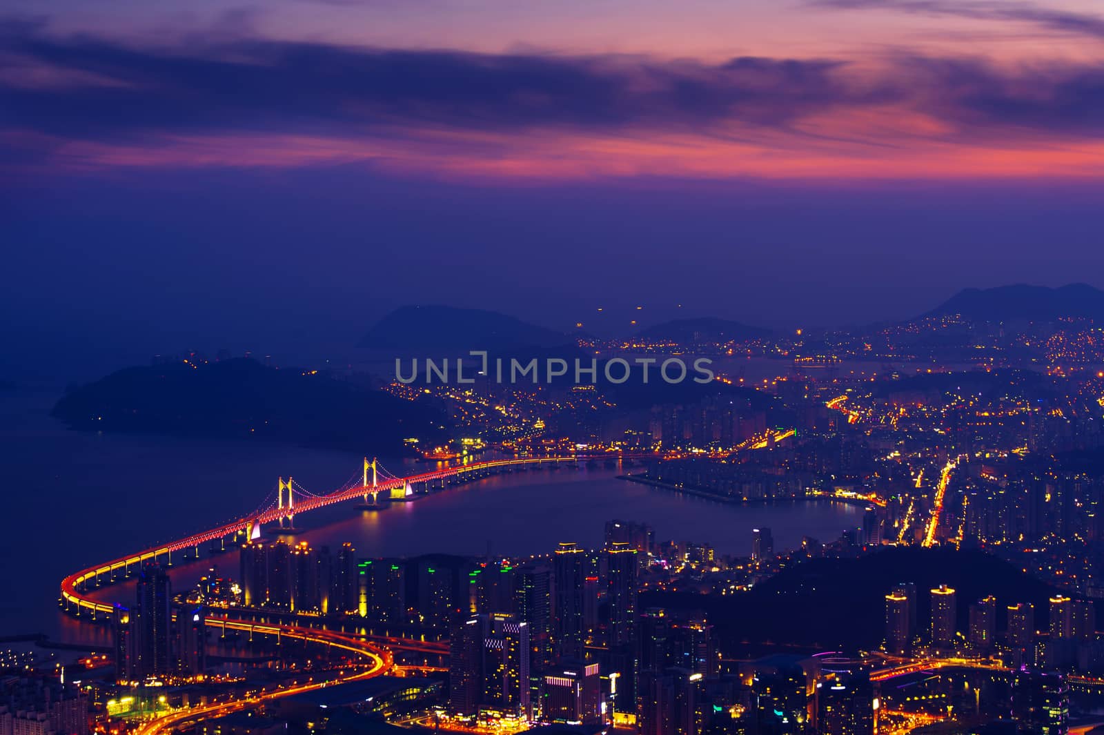 GwangAn Bridge and Haeundae at sunset in Busan,Korea